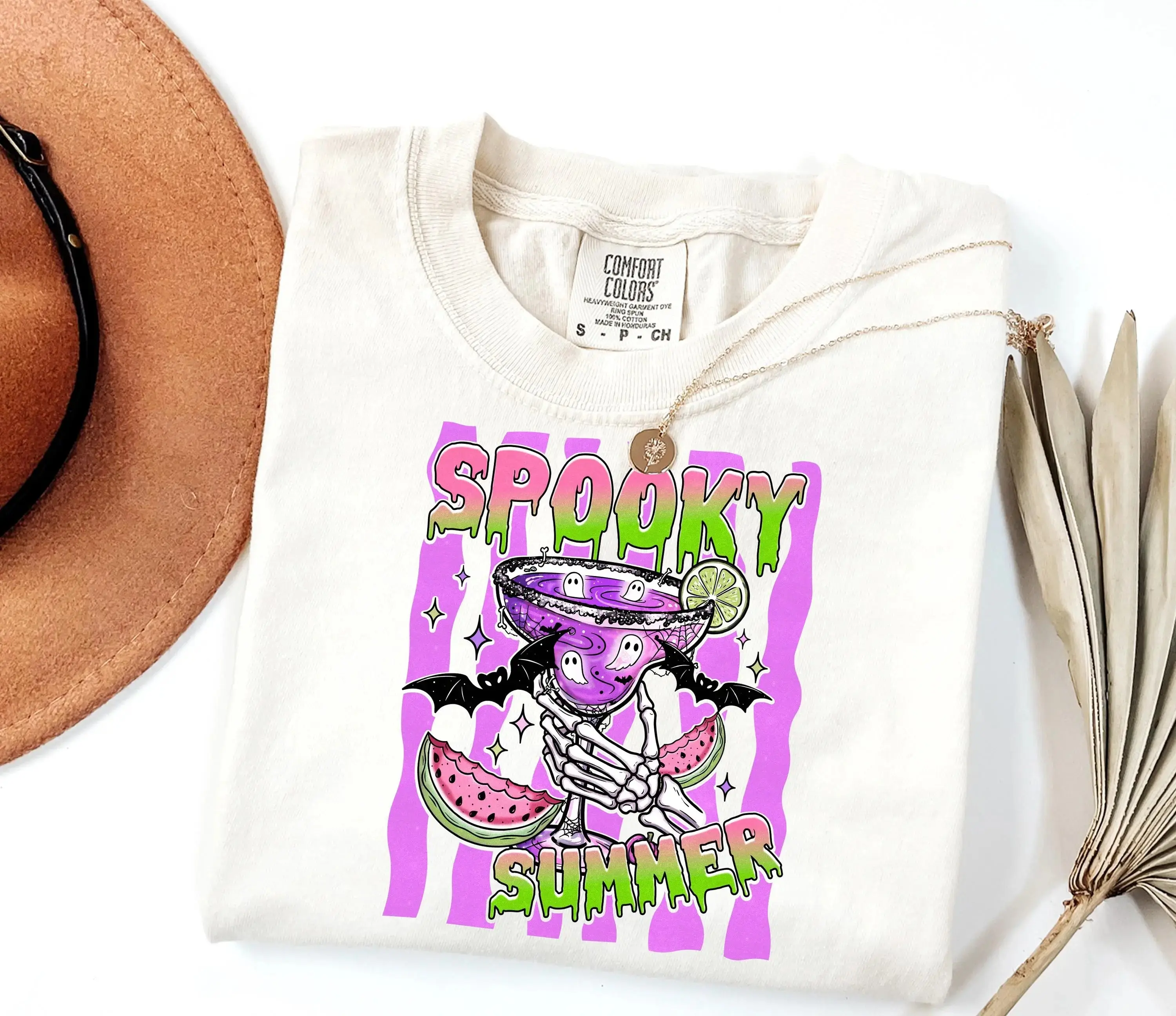 Comfort Colors Summerween Shirt, Striped Cute Ghost Cocktail Pastel Goth Halloween Beach Tee for Women - photo 5