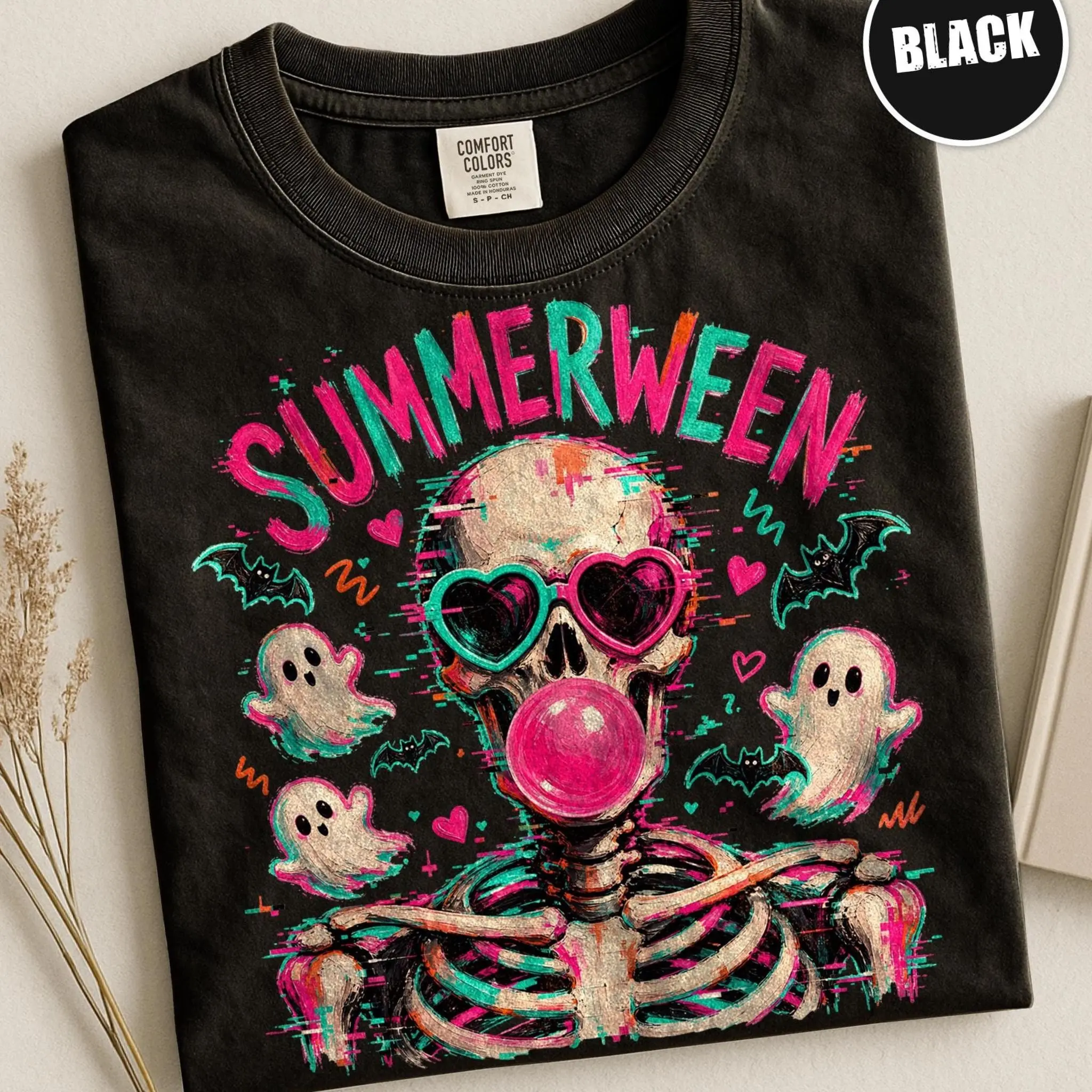 Comfort Colors Summerween Skeleton Shirt, Spooky Summer Bubblegum Skull Graphic Tee