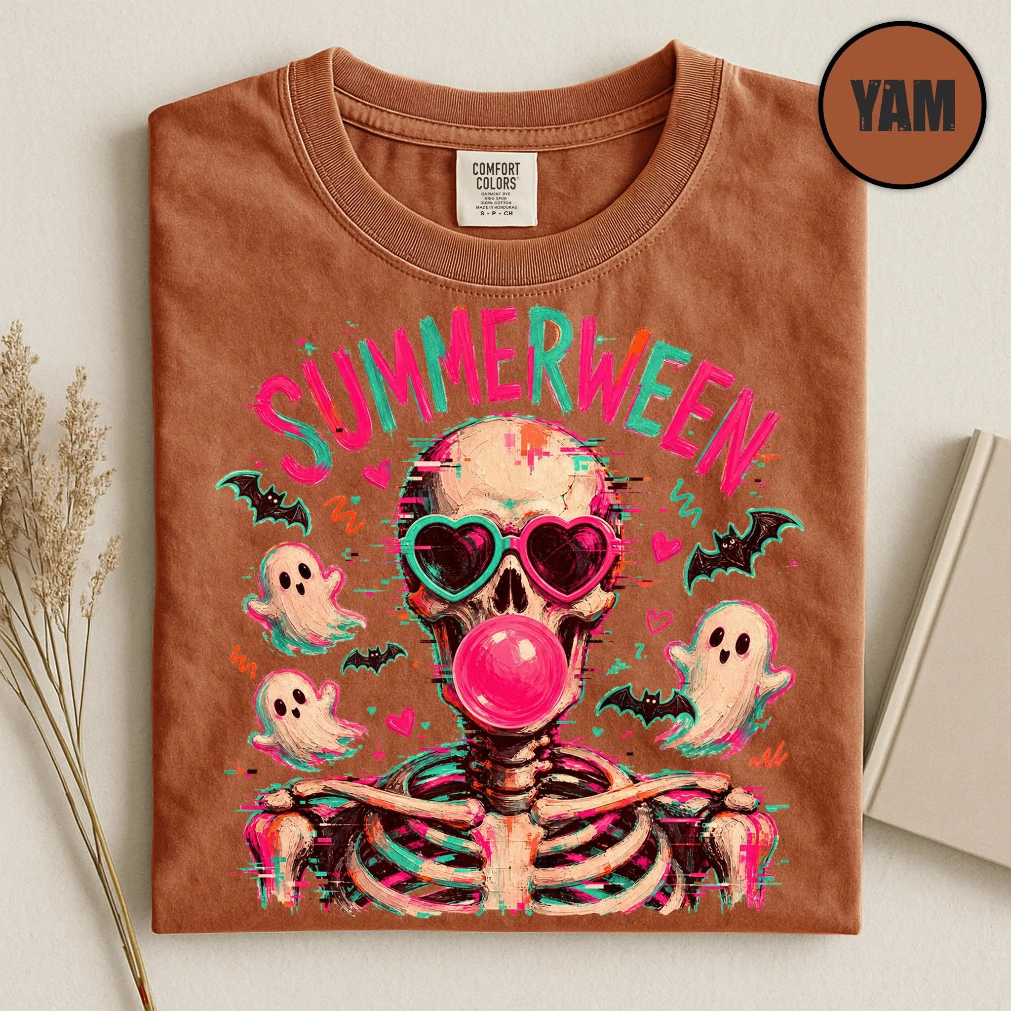 Comfort Colors Summerween Skeleton Shirt, Spooky Summer Bubblegum Skull Graphic Tee - photo 2