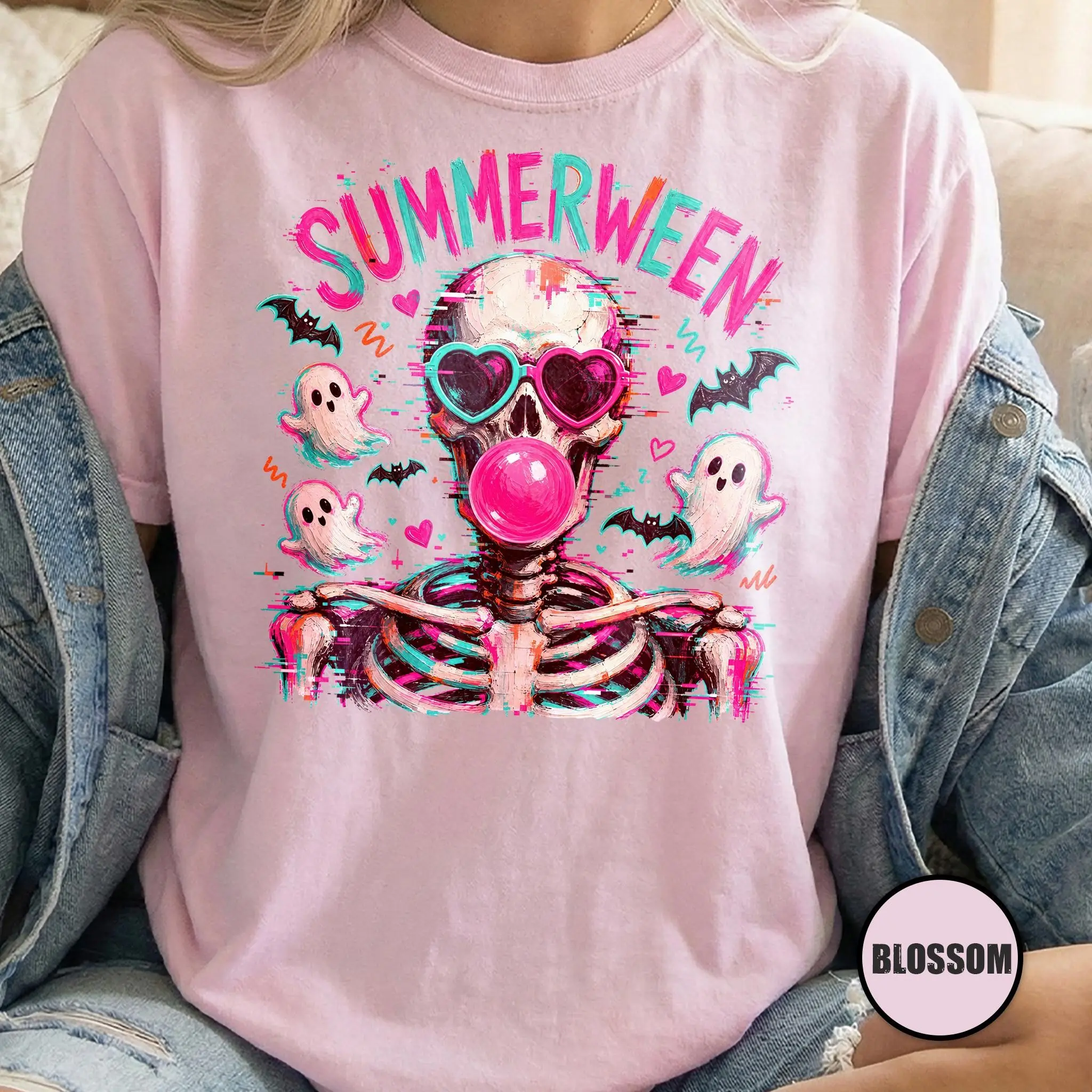 Comfort Colors Summerween Skeleton Shirt, Spooky Summer Bubblegum Skull Graphic Tee - photo 3