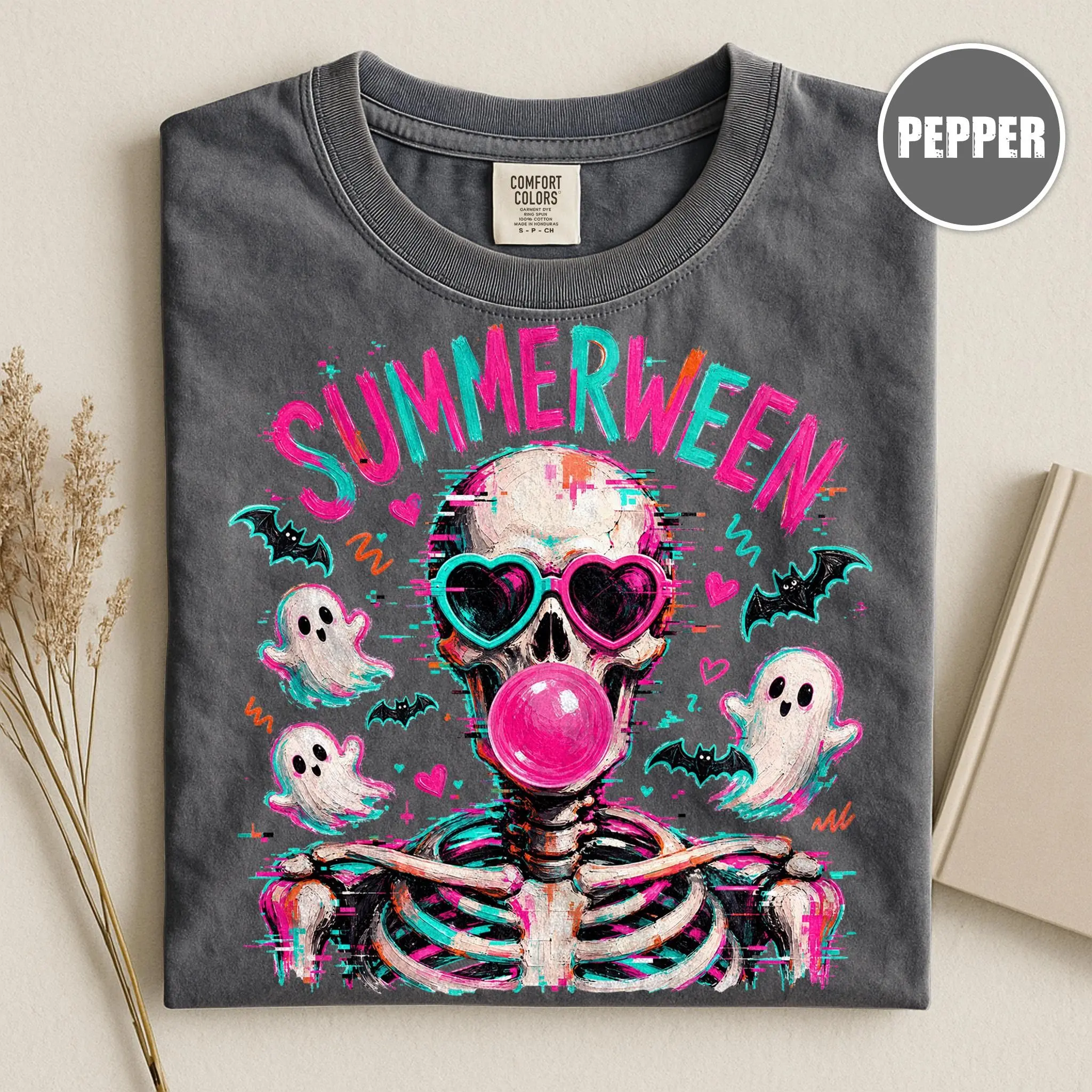 Comfort Colors Summerween Skeleton Shirt, Spooky Summer Bubblegum Skull Graphic Tee - photo 4