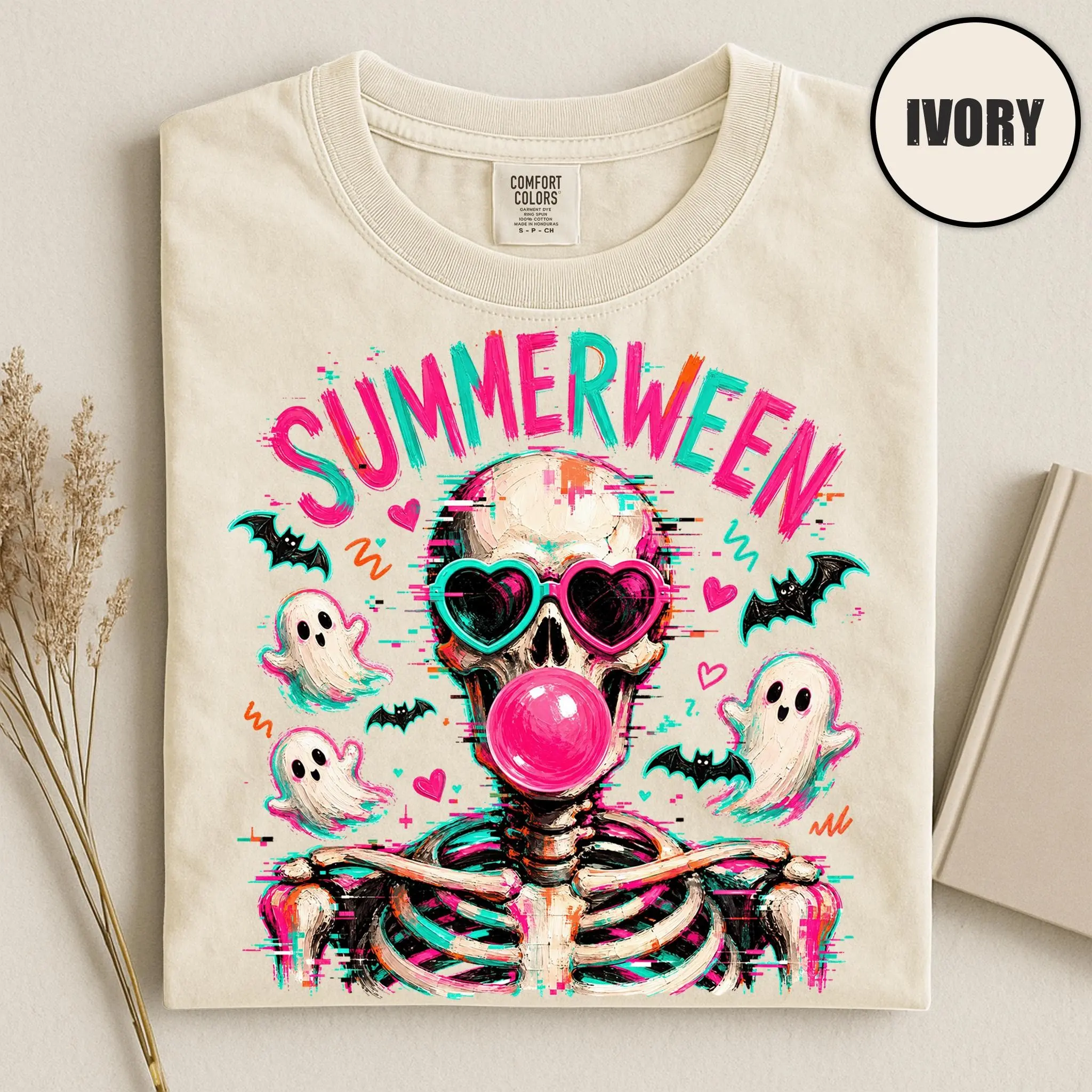 Comfort Colors Summerween Skeleton Shirt, Spooky Summer Bubblegum Skull Graphic Tee - photo 5