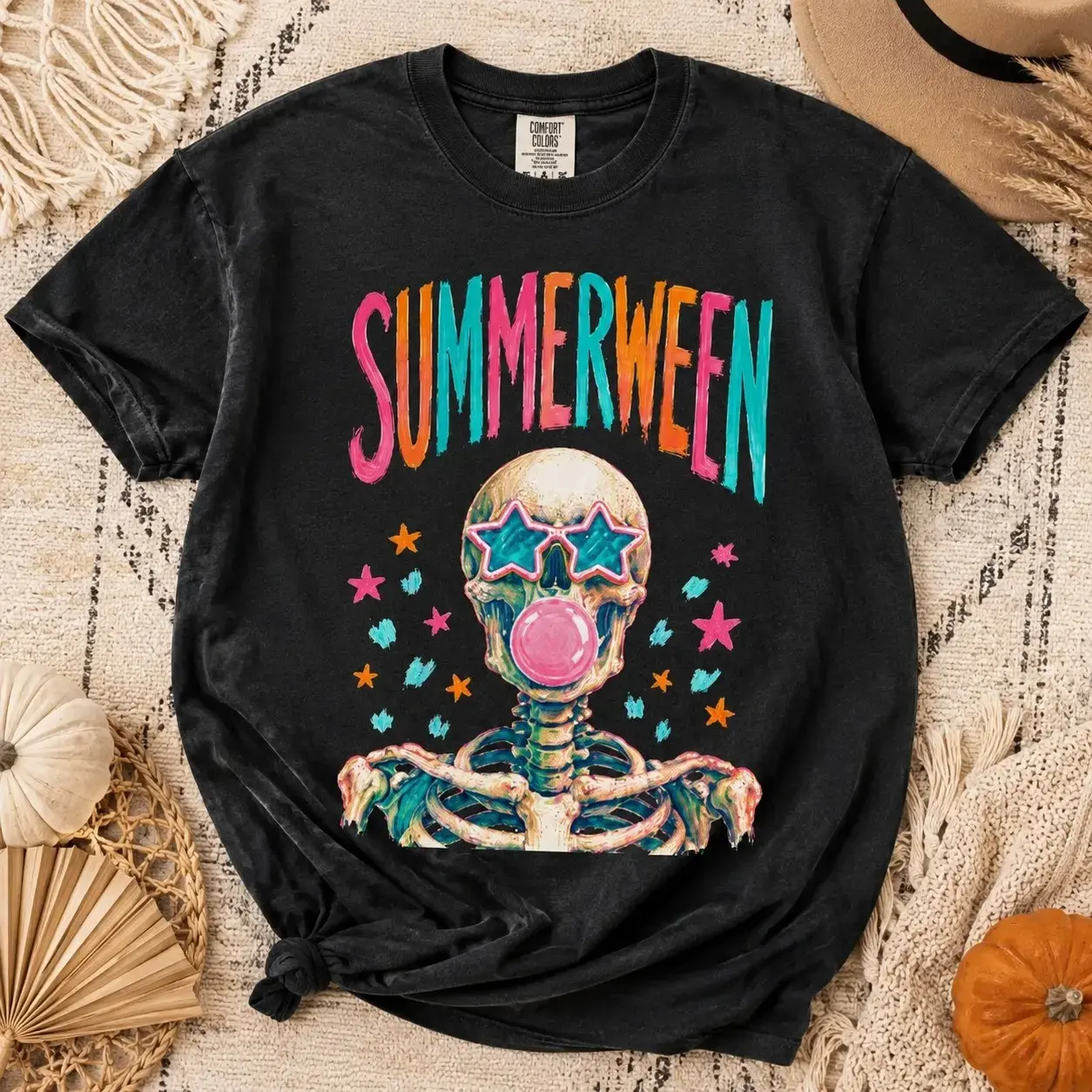 Comfort Colors Summerween Skeleton Star Glasses Bubble Gum Shirt, Vintage Beach Party Creepy Cute Tee - photo 2