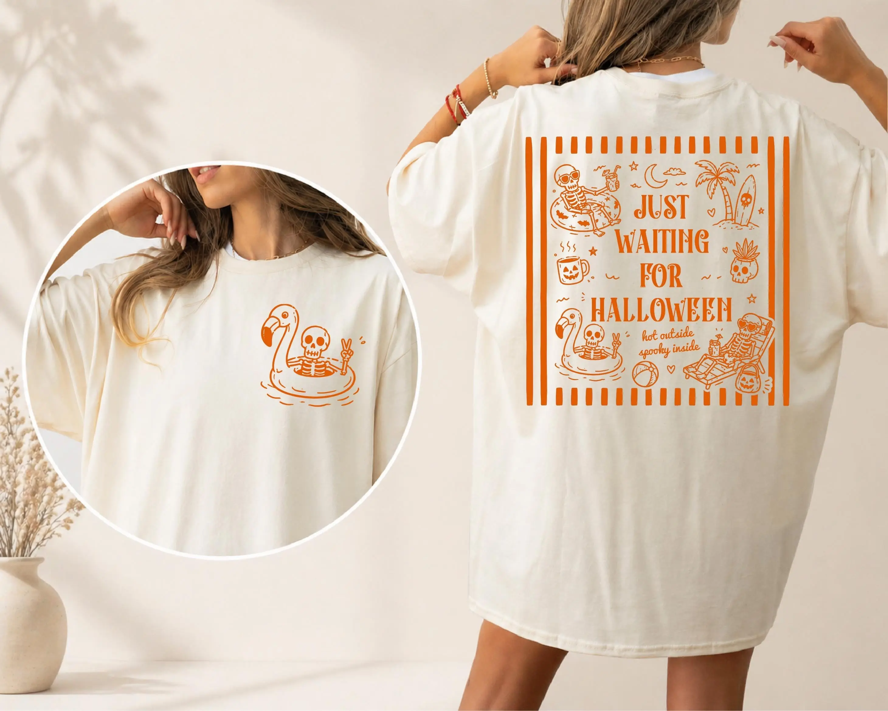 Comfort Colors Summerween Skeleton Striped Shirt, Spooky Summer Beach Halloween Season Tee