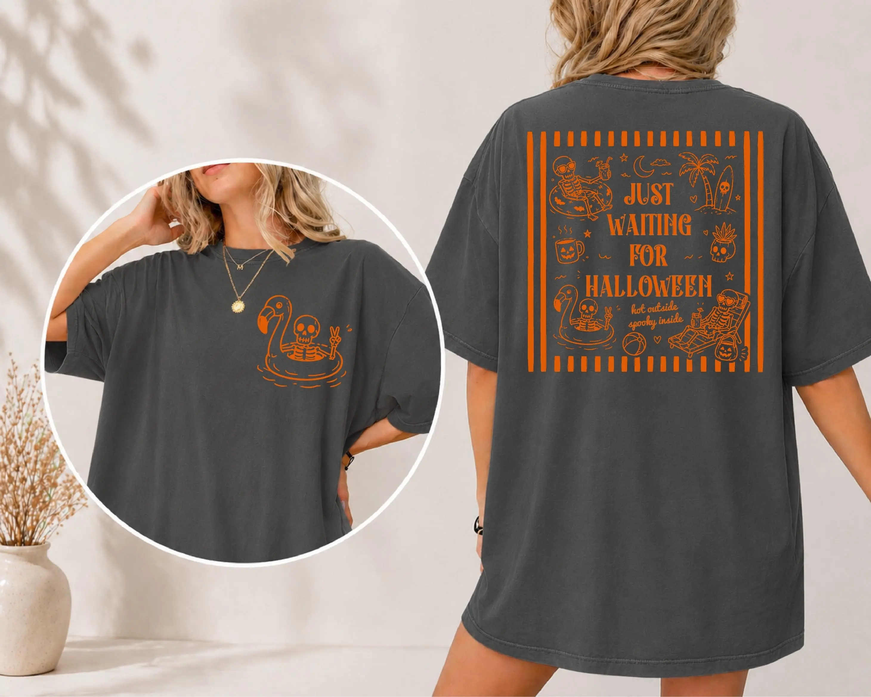 Comfort Colors Summerween Skeleton Striped Shirt, Spooky Summer Beach Halloween Season Tee - photo 2