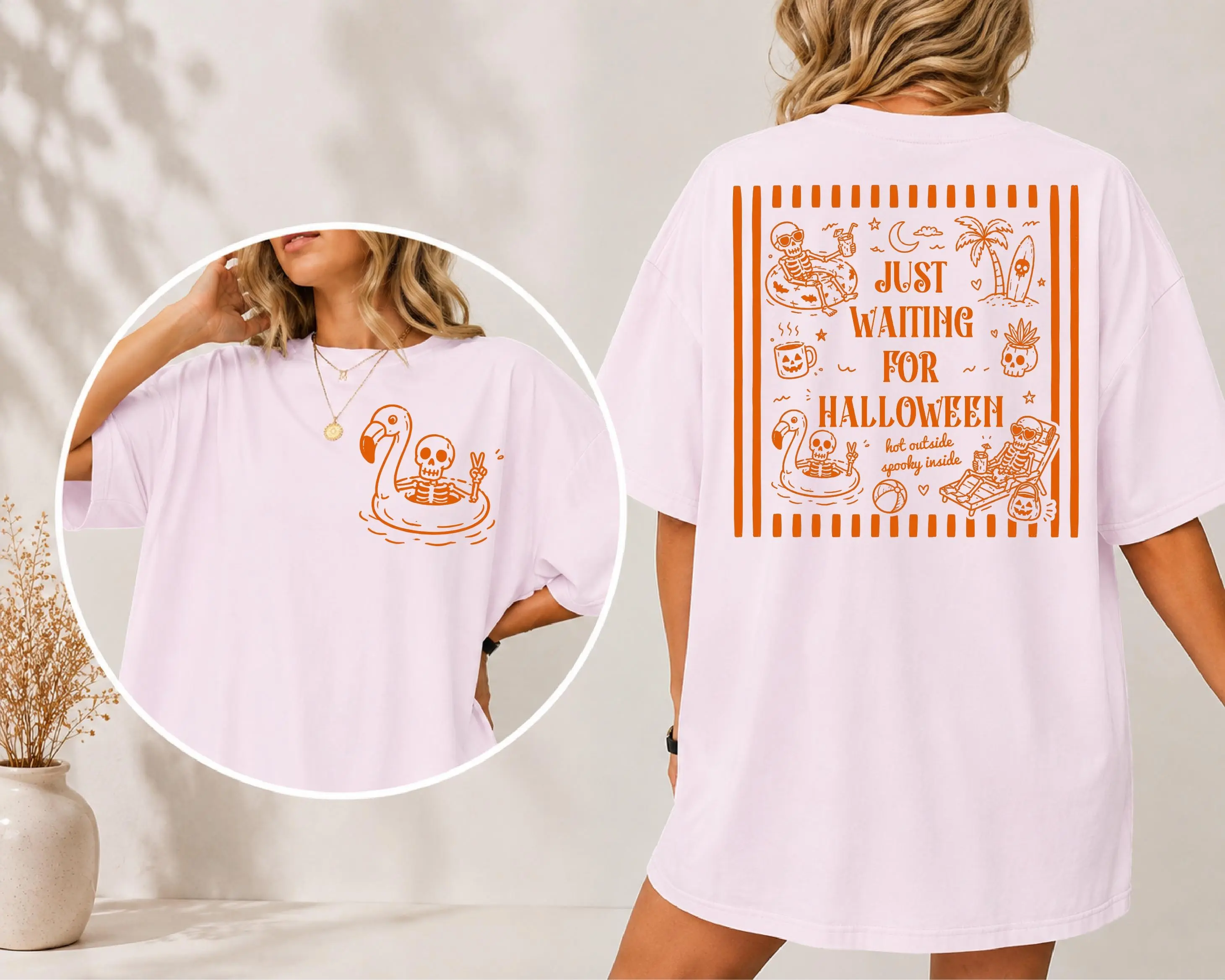 Comfort Colors Summerween Skeleton Striped Shirt, Spooky Summer Beach Halloween Season Tee - photo 3
