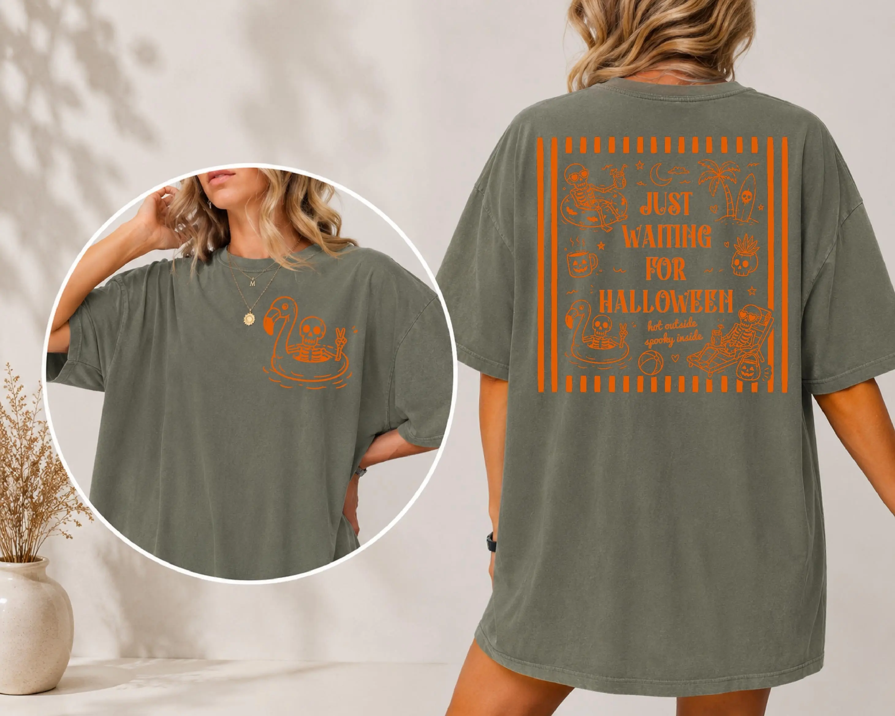 Comfort Colors Summerween Skeleton Striped Shirt, Spooky Summer Beach Halloween Season Tee - photo 4