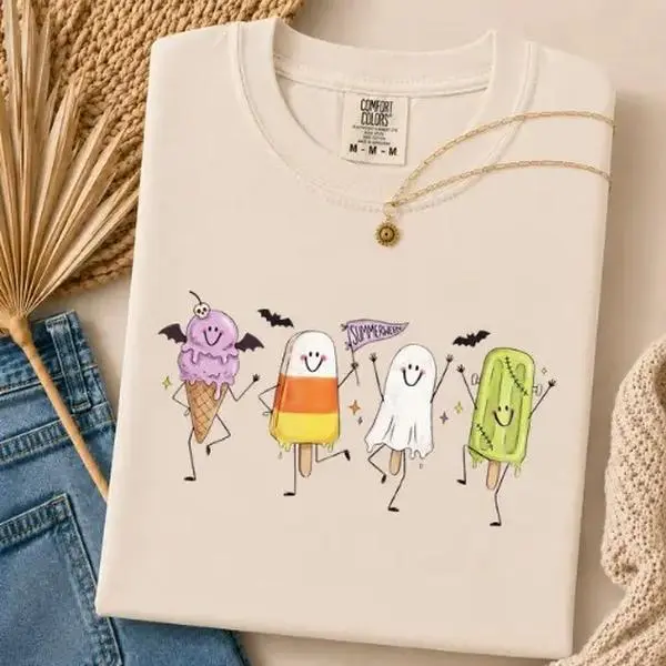 Comfort Colors Summerween Treats Shirt, Cute Ghost Popsicle Candy Corn Ice Cream Spooky Halloween Tee