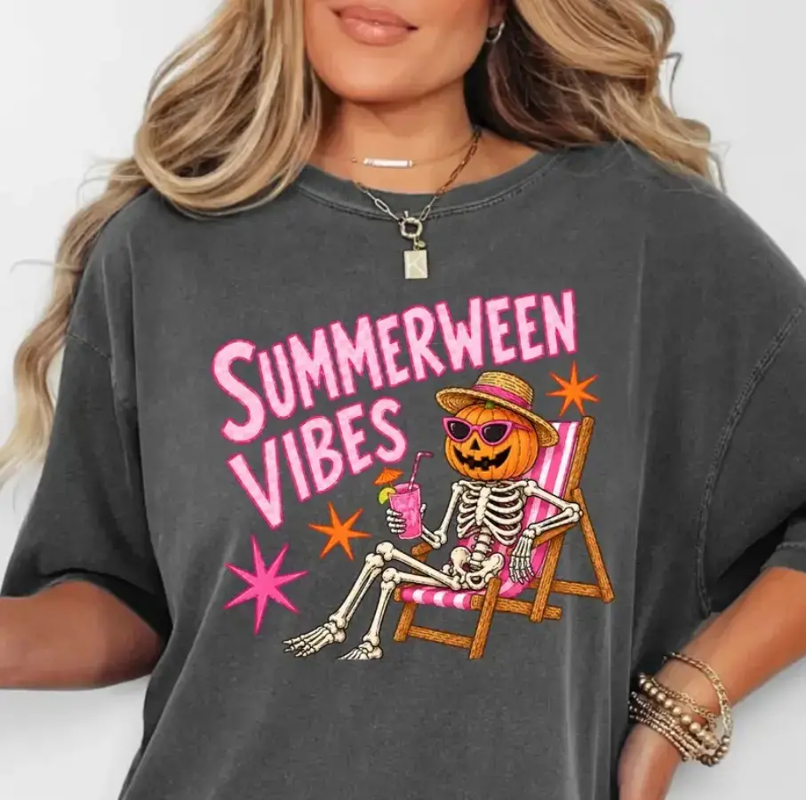 Comfort Colors Summerween Vibes Skeleton Shirt, Womens Oversized Halloween Graphic Tee, Cute Trendy Summer Beach Vacation Top - photo 2
