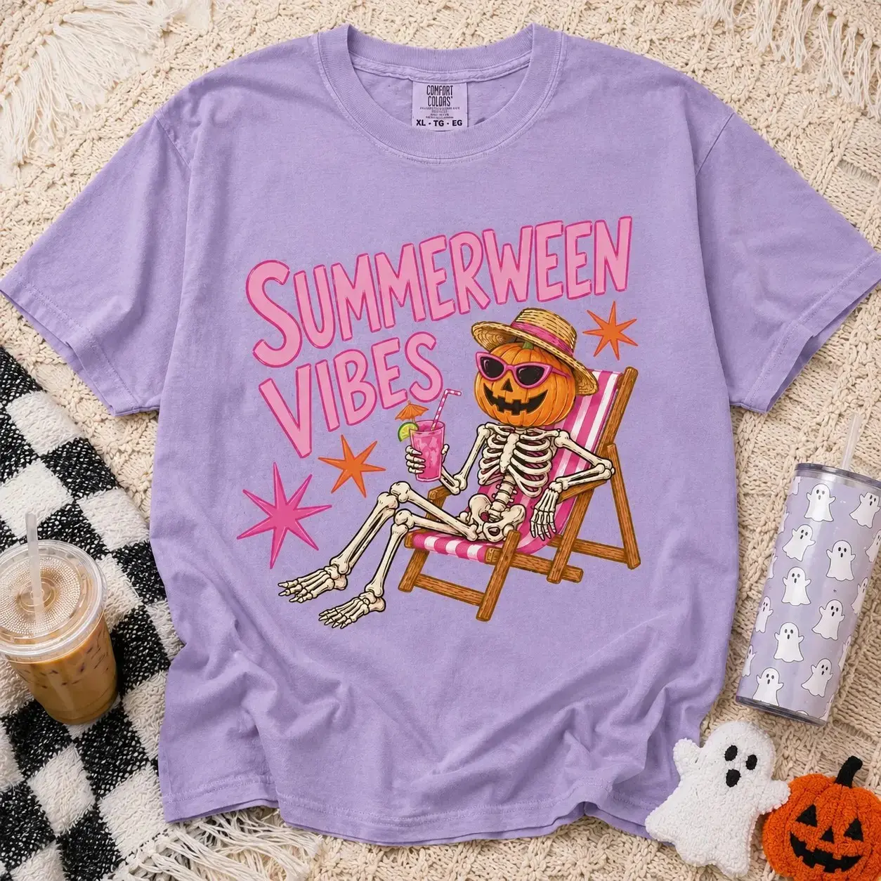 Comfort Colors Summerween Vibes Skeleton Shirt, Vintage Halloween Beach Creepy Cute Pumpkin Tee for Women