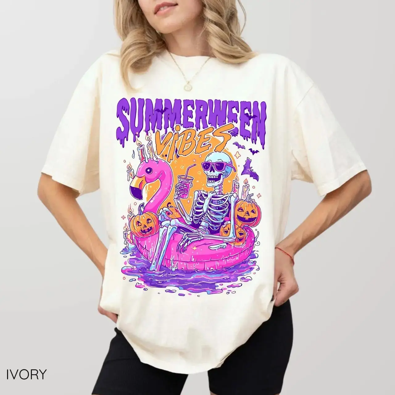 Comfort Colors Summerween Vibes Tee, Funny Skeleton Pool Float Flamingo Ghost Pumpkin Halloween Shirt