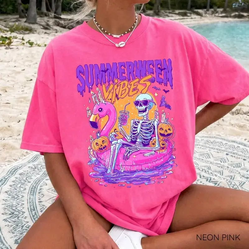 Comfort Colors Summerween Vibes Tee, Funny Skeleton Pool Float Flamingo Ghost Pumpkin Halloween Shirt - photo 2