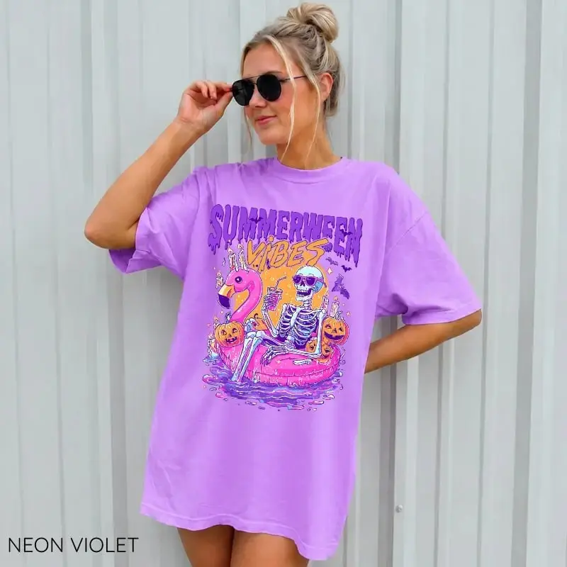 Comfort Colors Summerween Vibes Tee, Funny Skeleton Pool Float Flamingo Ghost Pumpkin Halloween Shirt - photo 3