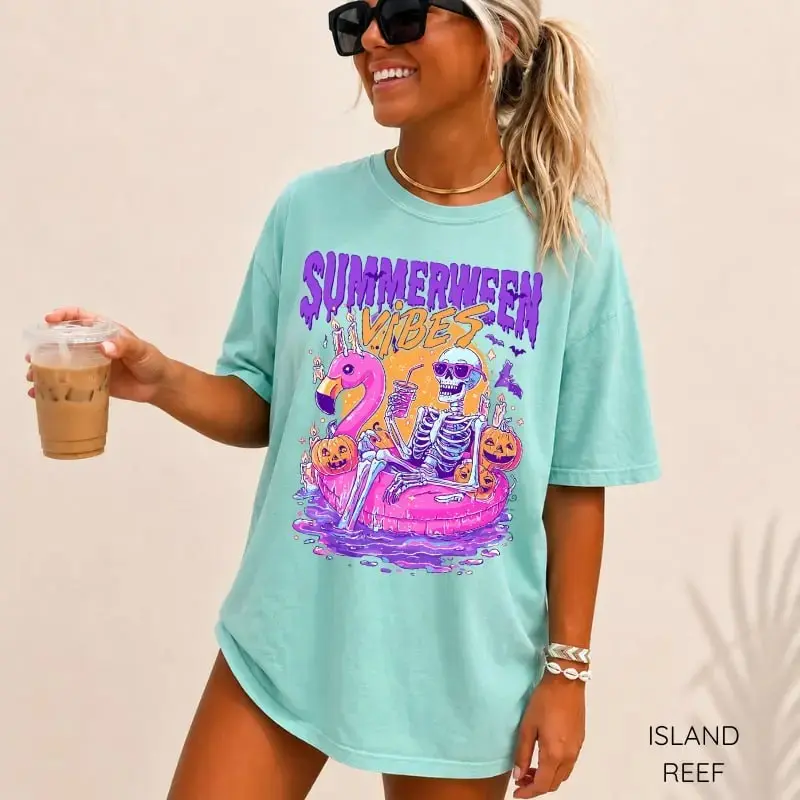 Comfort Colors Summerween Vibes Tee, Funny Skeleton Pool Float Flamingo Ghost Pumpkin Halloween Shirt - photo 4
