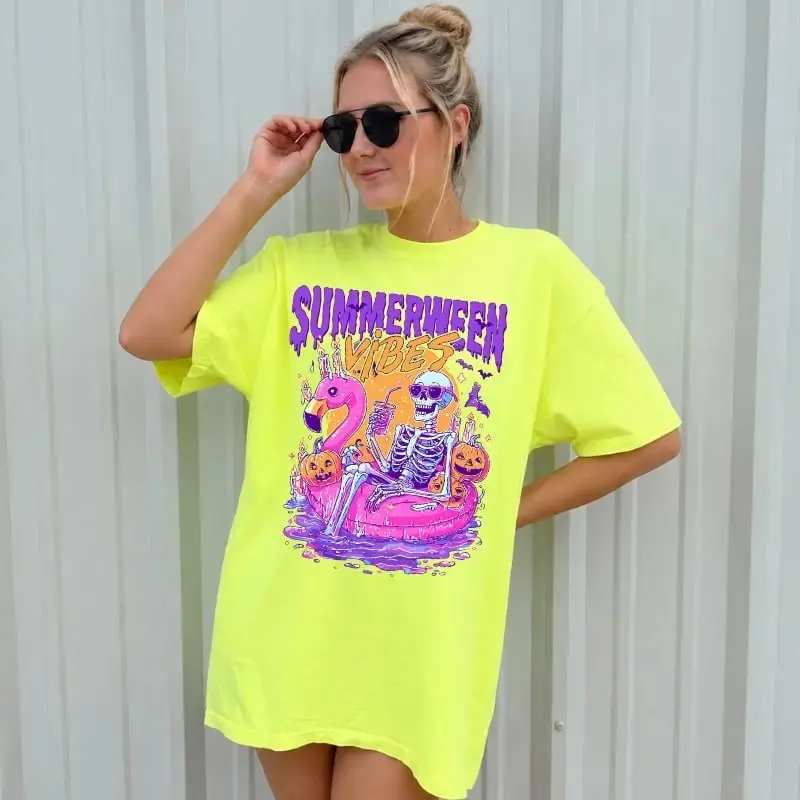 Comfort Colors Summerween Vibes Tee, Funny Skeleton Pool Float Flamingo Ghost Pumpkin Halloween Shirt - photo 5