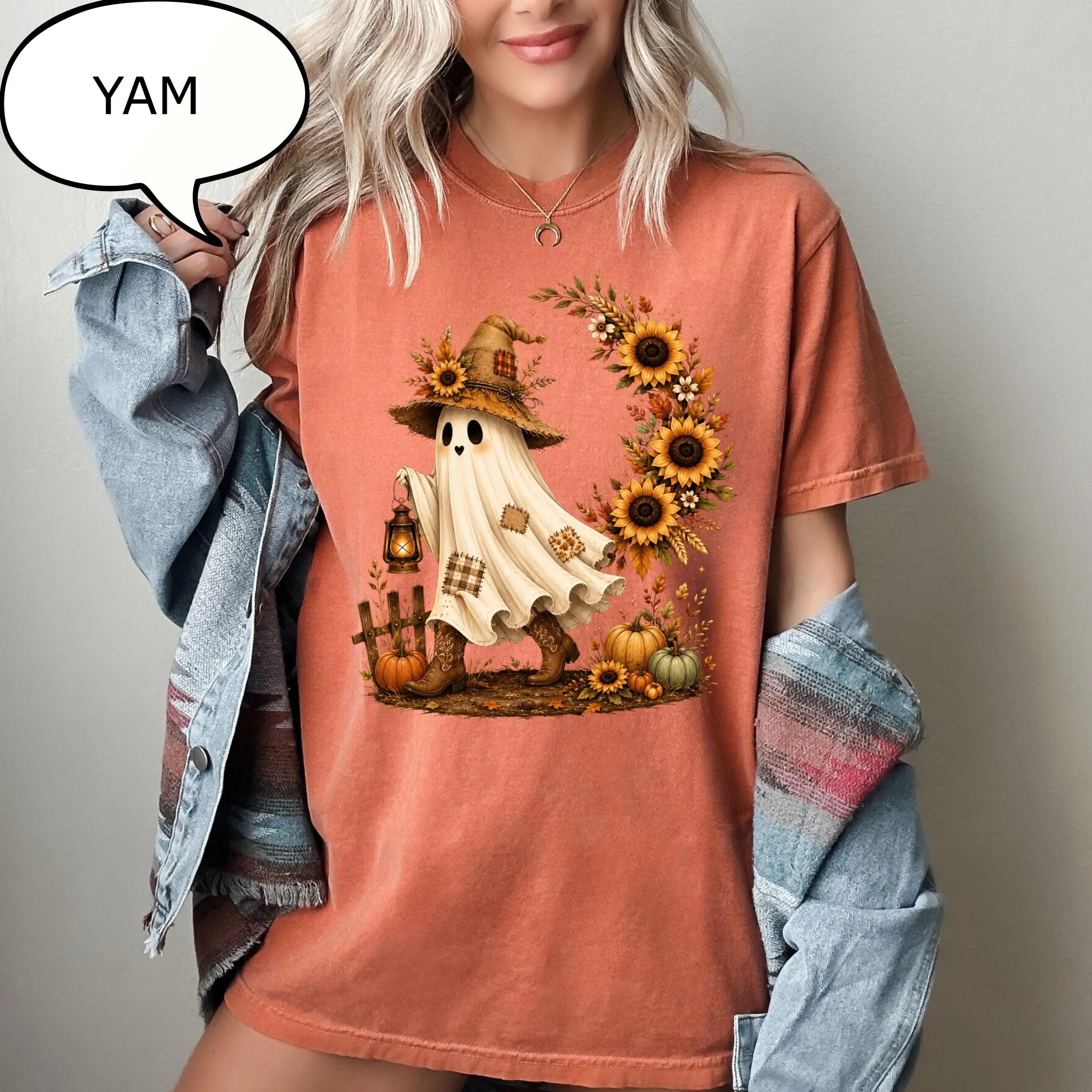Comfort Colors Sunflower Ghost T-Shirt, Farm Autumn Graphic Tee, Cozy Fall Season Gift