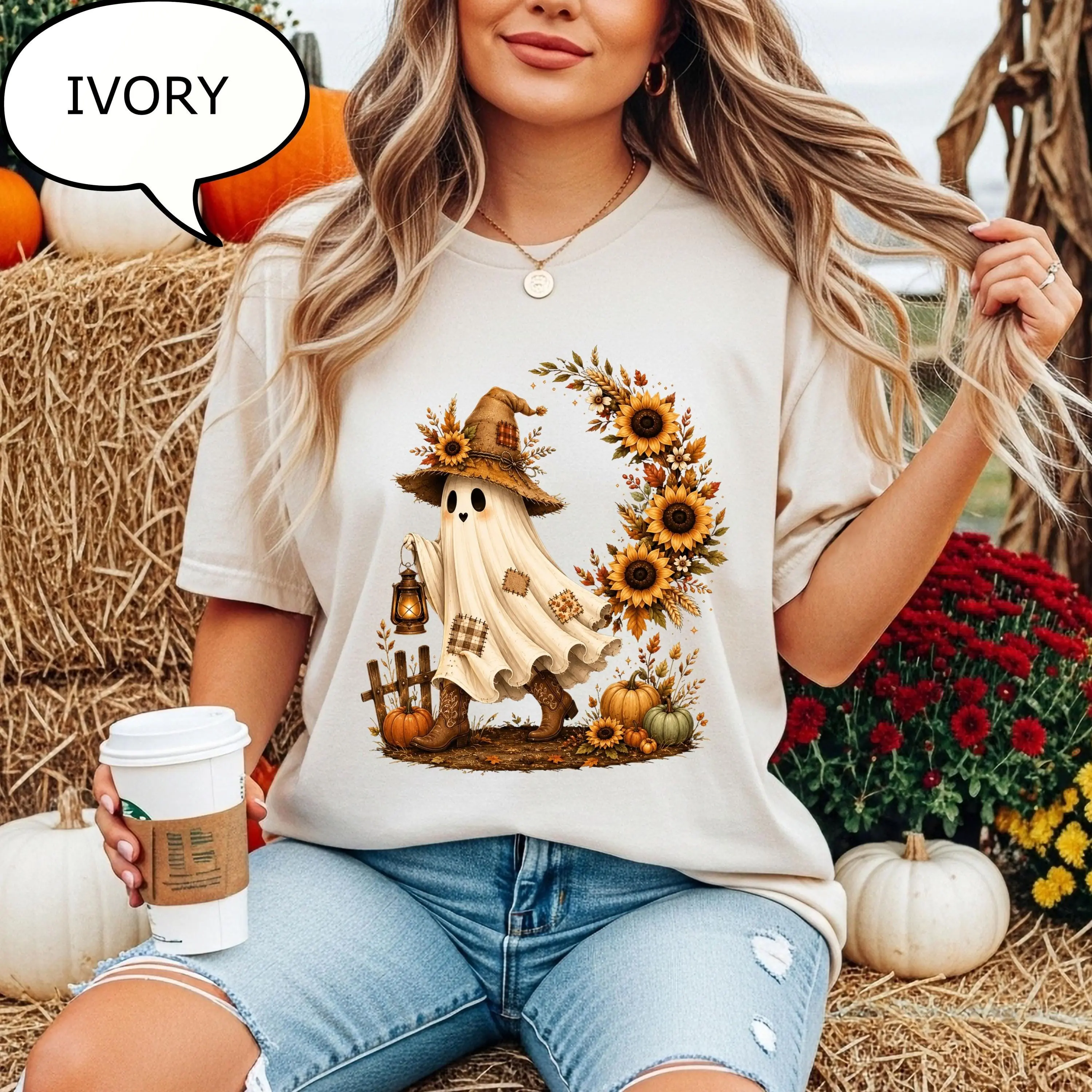 Comfort Colors Sunflower Ghost T-Shirt, Farm Autumn Graphic Tee, Cozy Fall Season Gift - photo 2