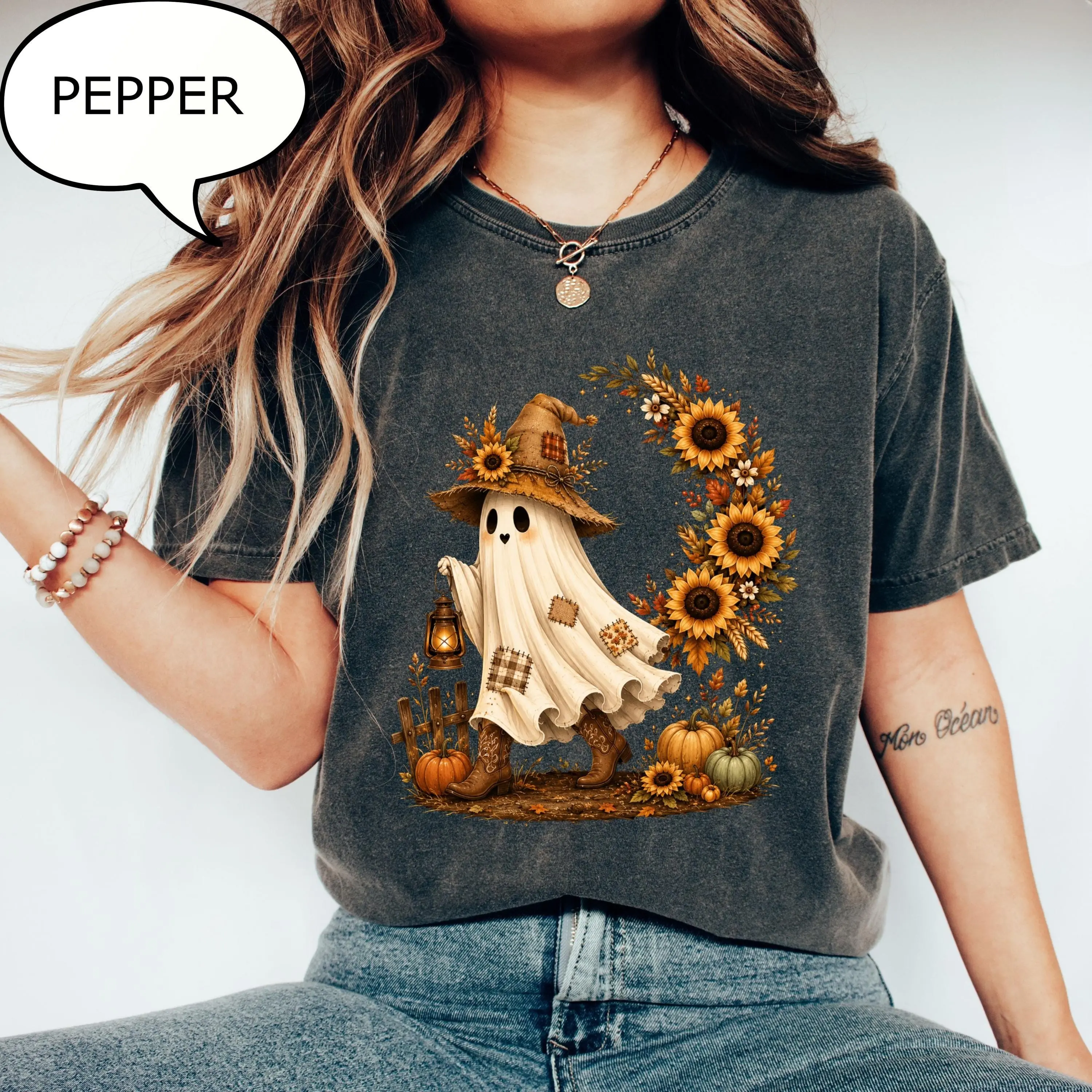 Comfort Colors Sunflower Ghost T-Shirt, Farm Autumn Graphic Tee, Cozy Fall Season Gift - photo 3