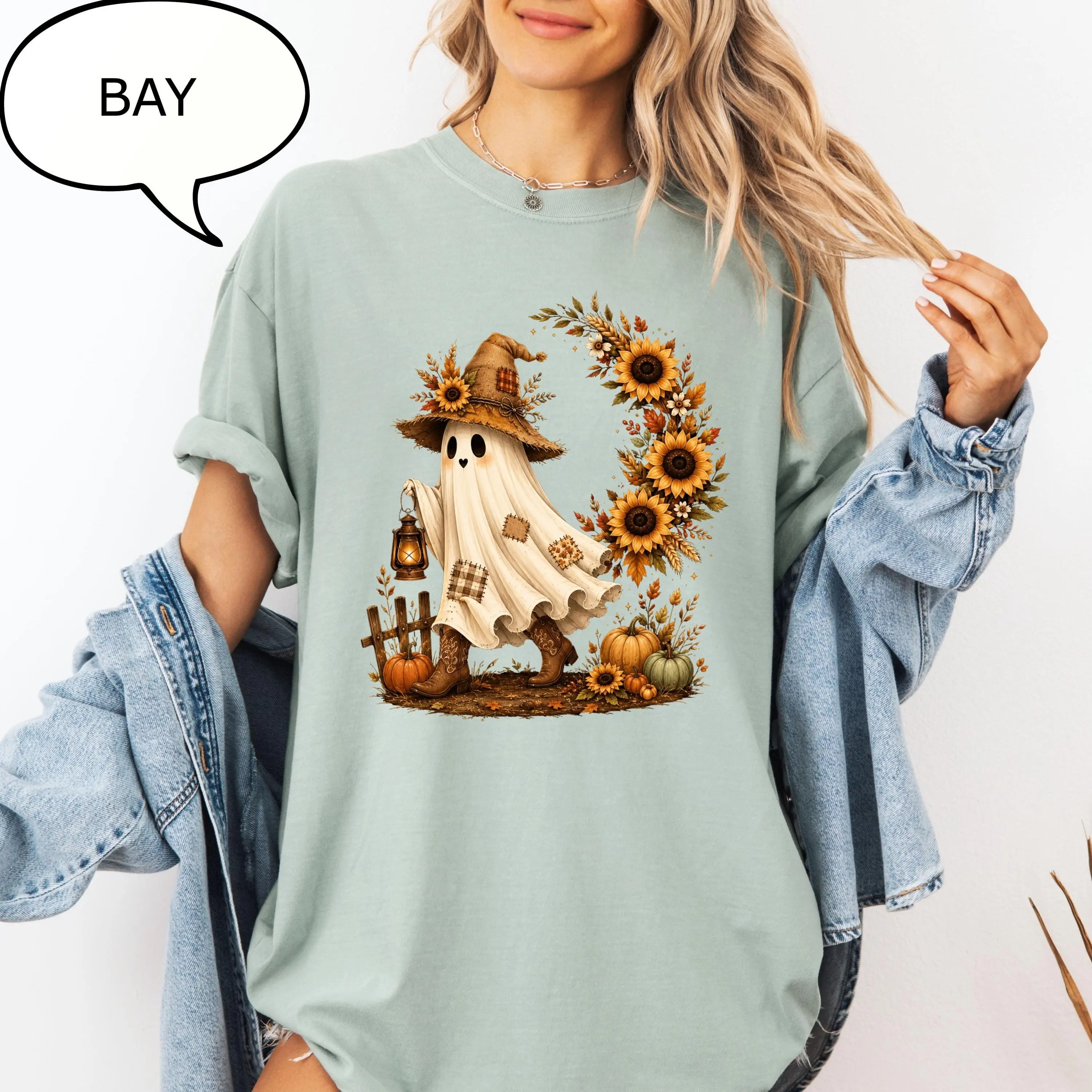 Comfort Colors Sunflower Ghost T-Shirt, Farm Autumn Graphic Tee, Cozy Fall Season Gift - photo 4