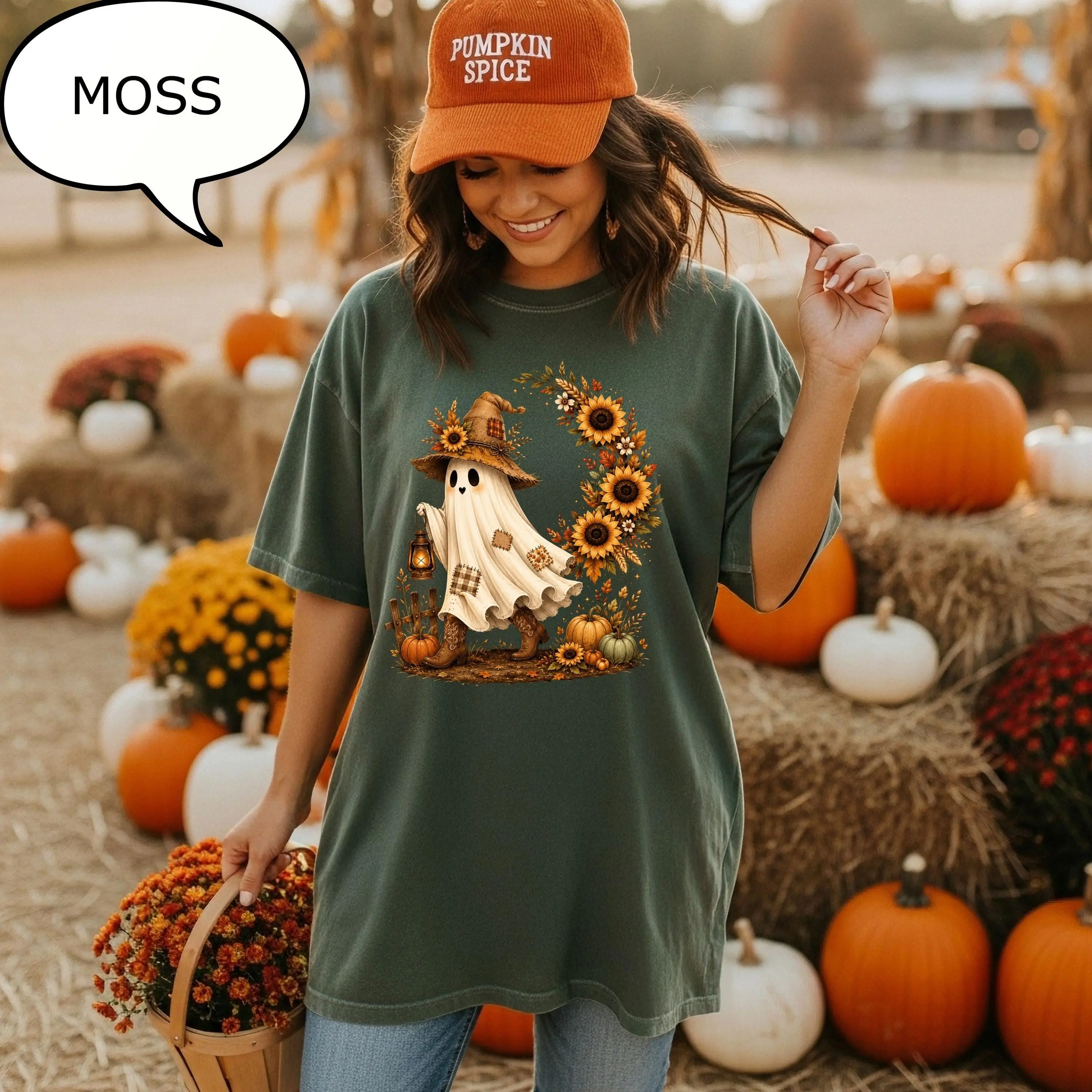 Comfort Colors Sunflower Ghost T-Shirt, Farm Autumn Graphic Tee, Cozy Fall Season Gift - photo 5