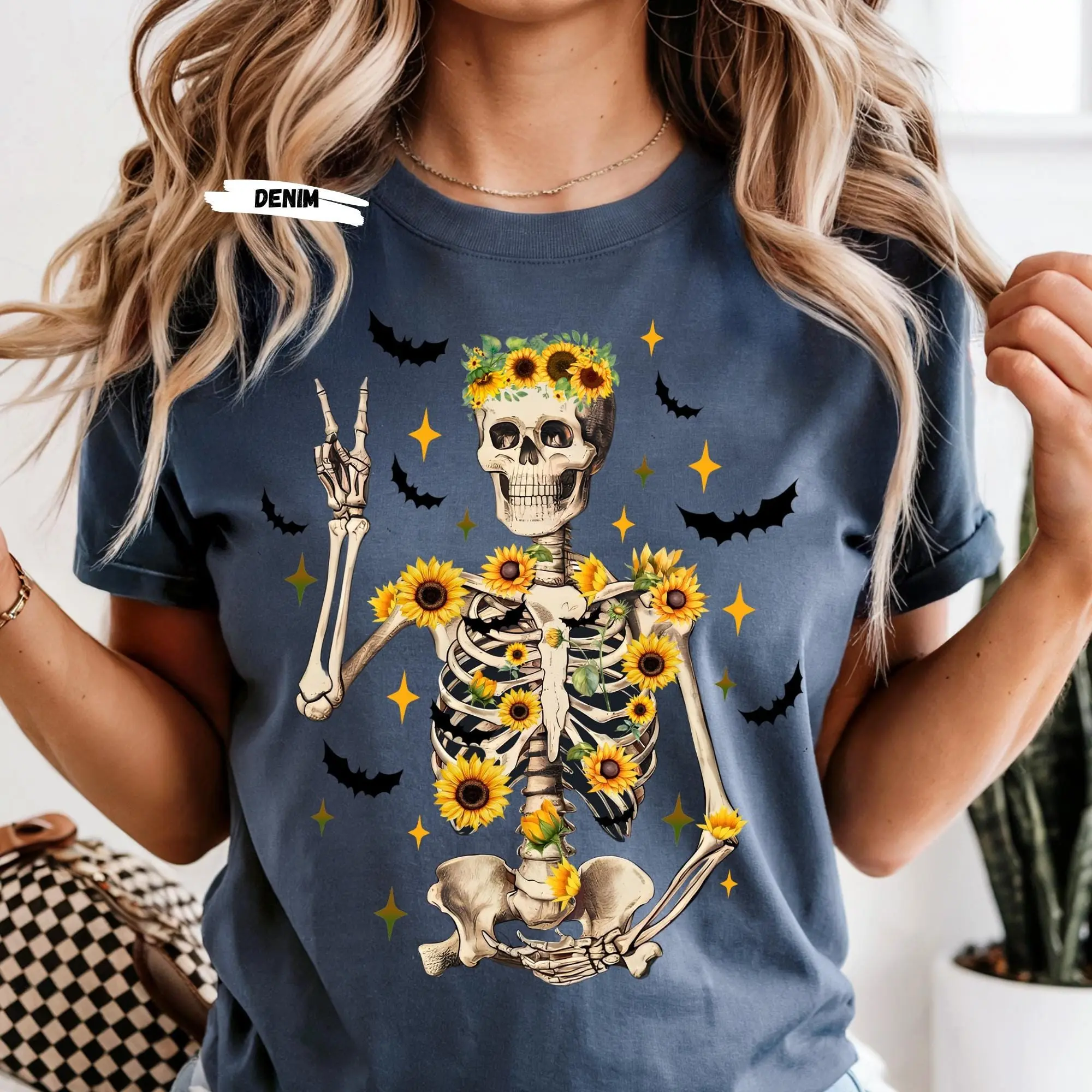 Comfort Colors Sunflower Skeleton Halloween Shirt: Spooky Autumn Tee