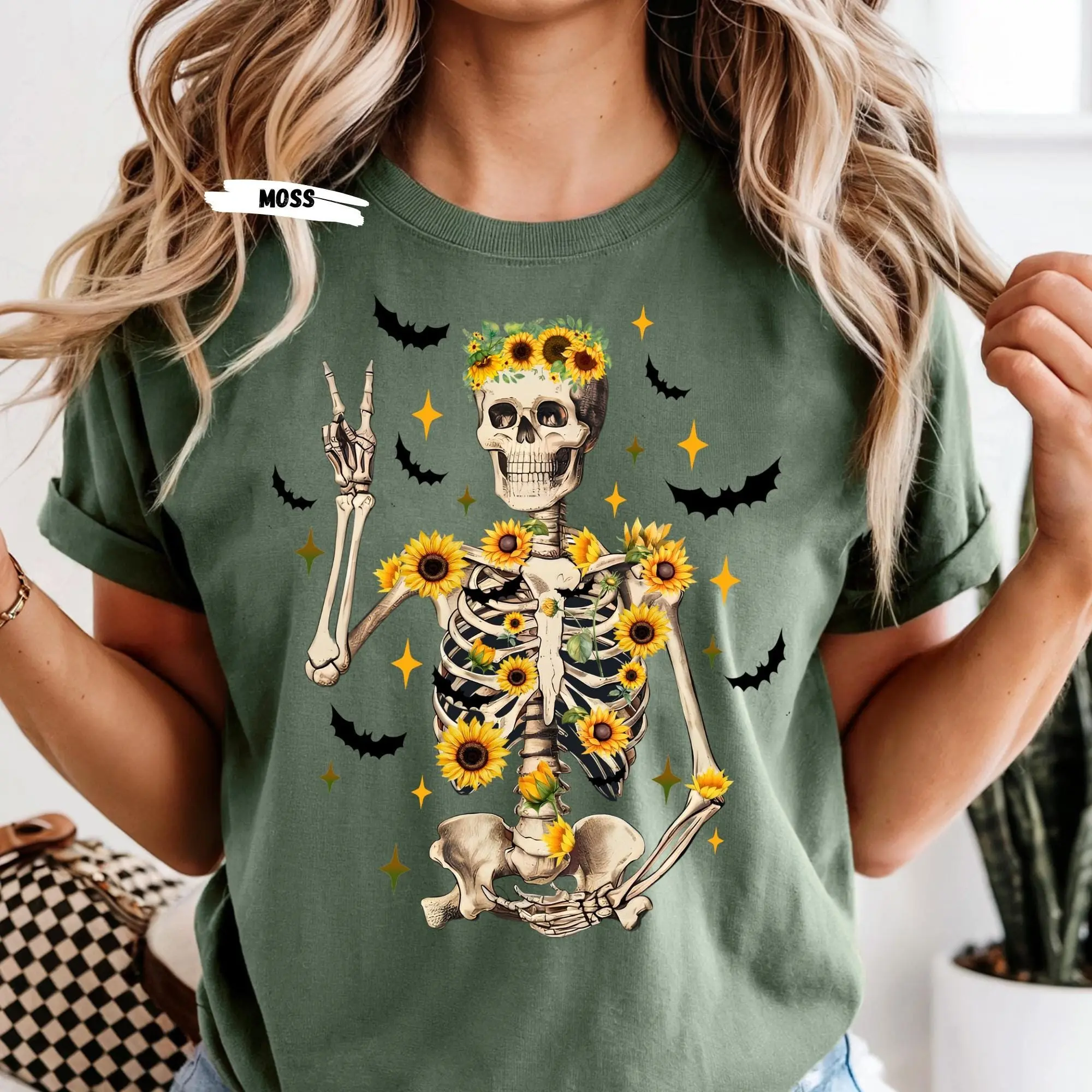 Comfort Colors Sunflower Skeleton Halloween Shirt: Spooky Autumn Tee - photo 2
