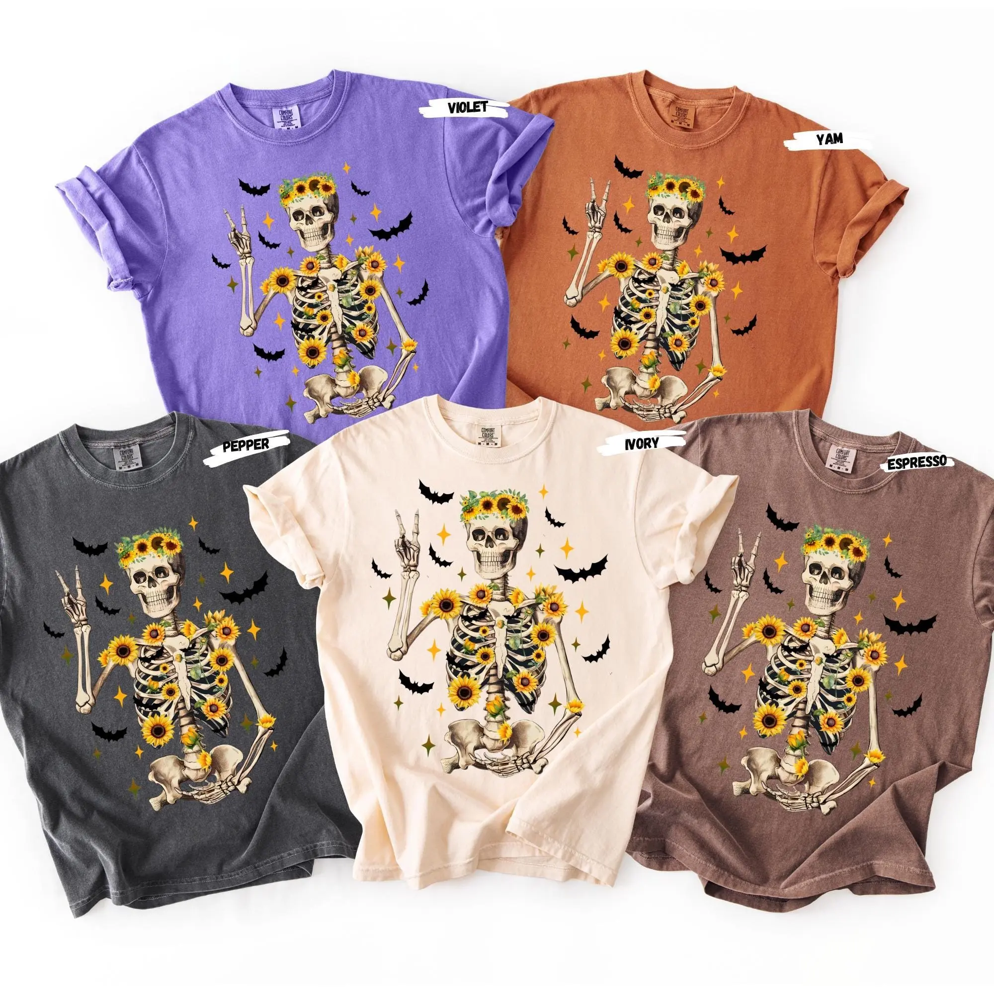 Comfort Colors Sunflower Skeleton Halloween Shirt: Spooky Autumn Tee - photo 3