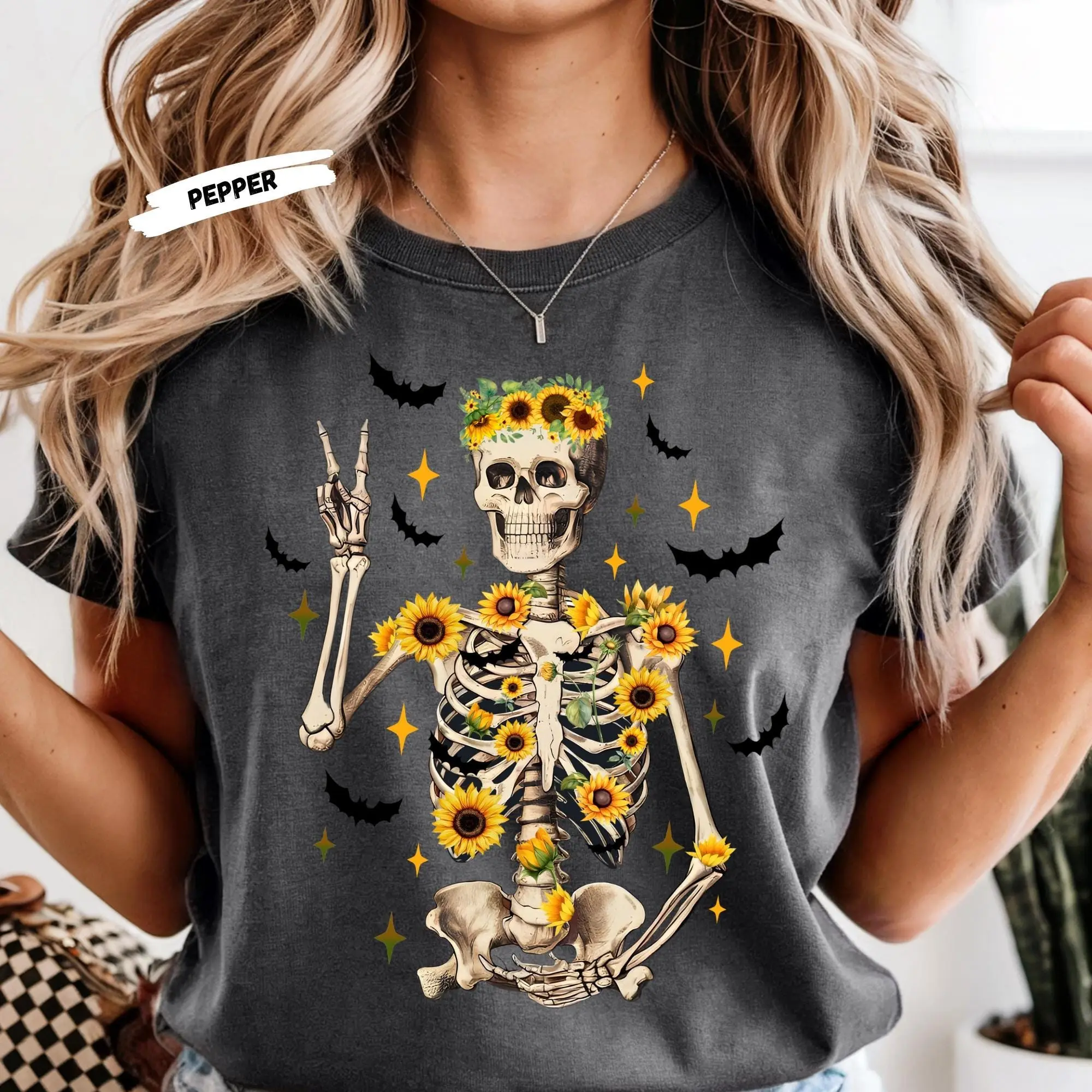Comfort Colors Sunflower Skeleton Halloween Shirt: Spooky Autumn Tee - photo 4