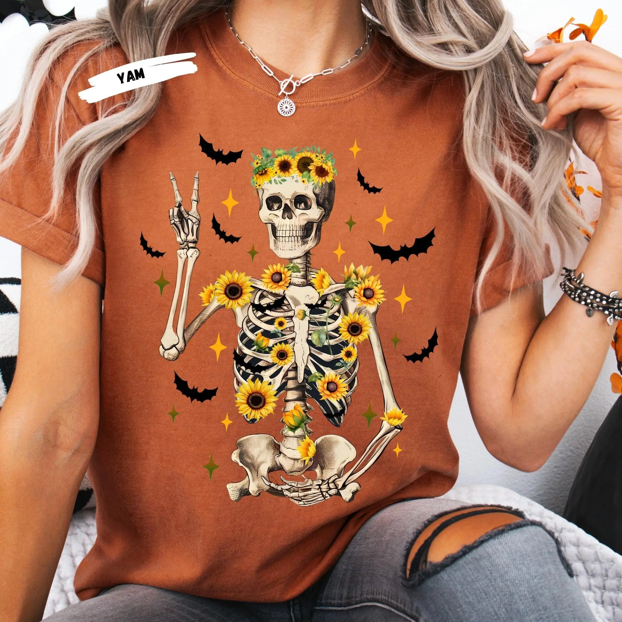 Comfort Colors Sunflower Skeleton Halloween Shirt: Spooky Autumn Tee - photo 5