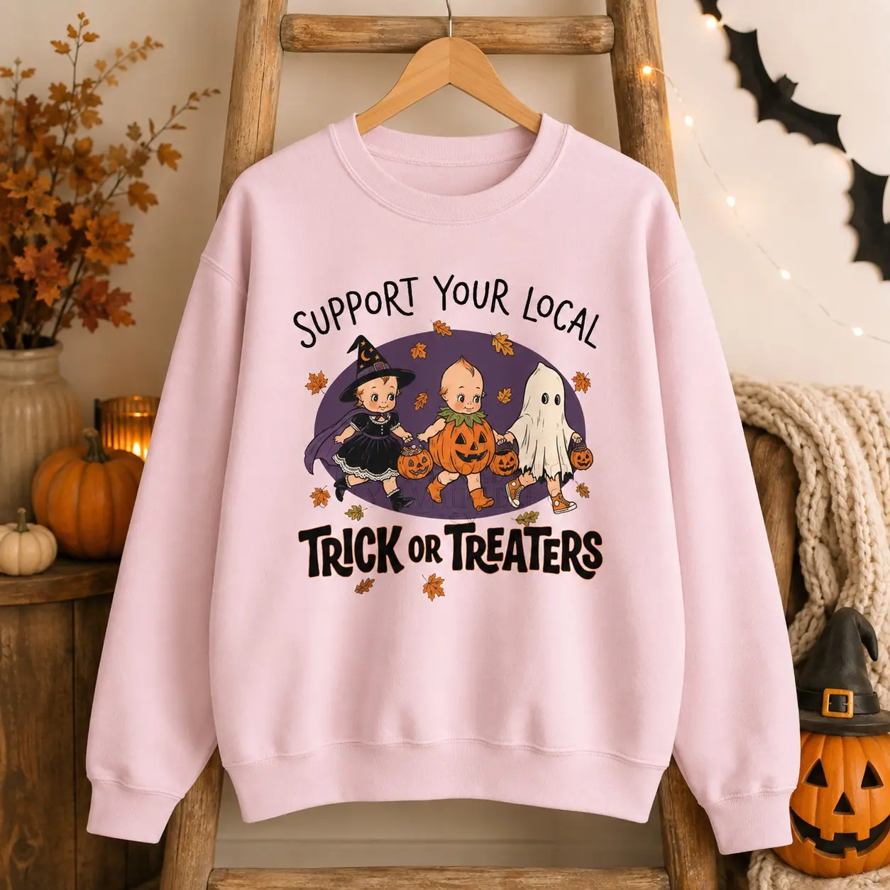 Comfort Colors Support Your Local Trick or Treaters Sweatshirt, 90s Vintage Halloween Graphic Crewneck - photo 2