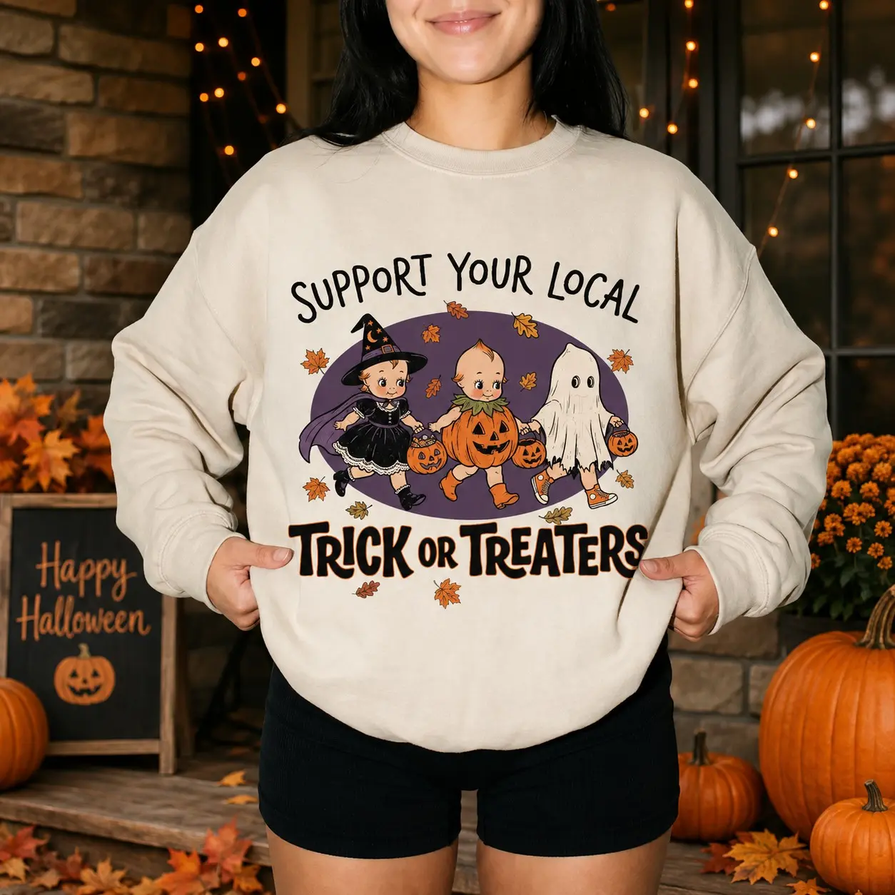 Comfort Colors Support Your Local Trick or Treaters Sweatshirt, 90s Vintage Halloween Graphic Crewneck - photo 3