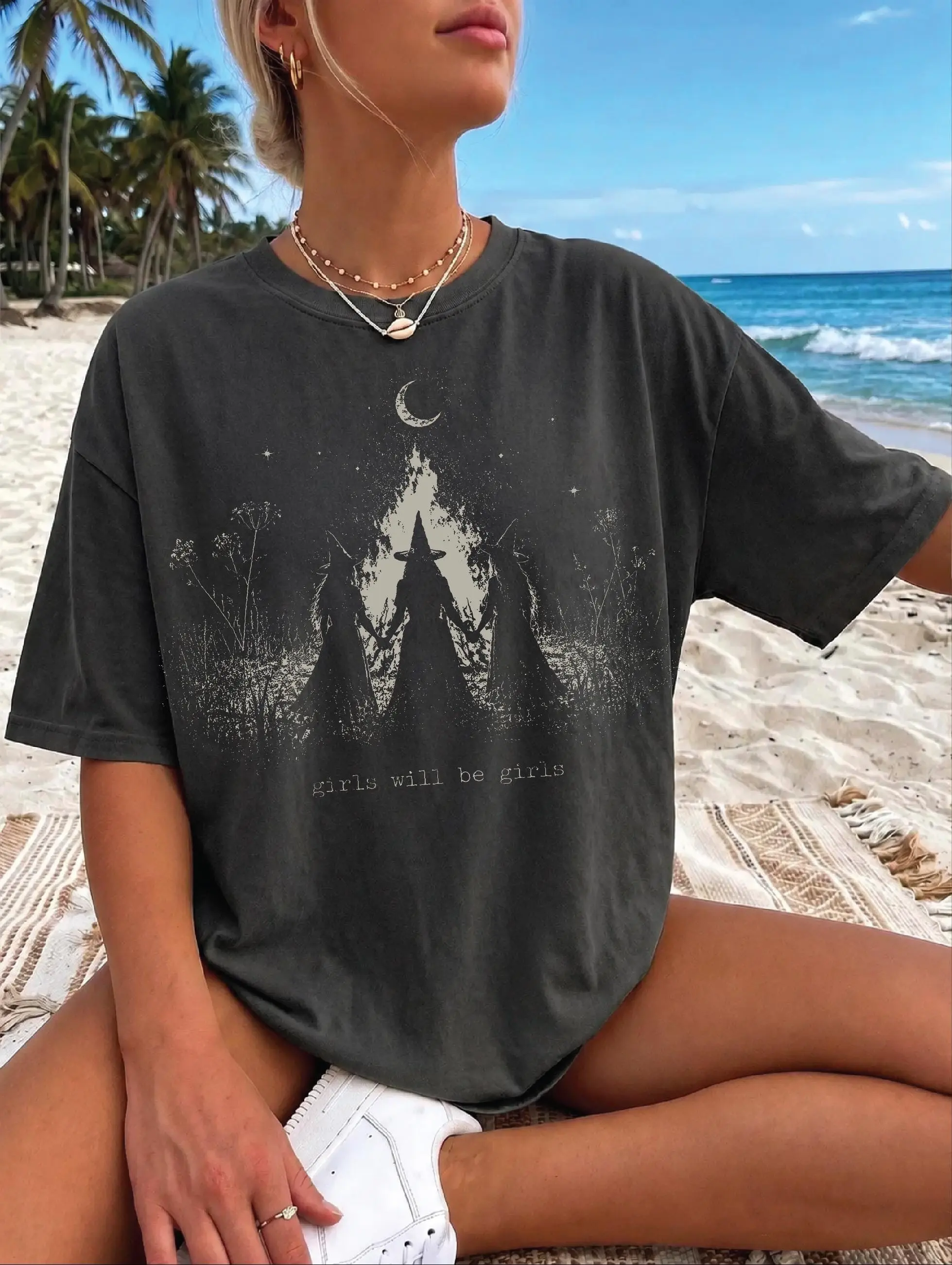 Comfort Colors Girls Will Be Girls Witch Sweatshirt, Vintage Feminist Halloween Spooky Season Top for Women