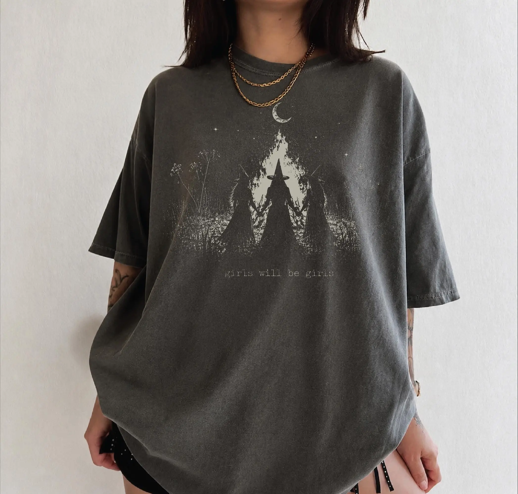 Comfort Colors Girls Will Be Girls Witch Sweatshirt, Vintage Feminist Halloween Spooky Season Top for Women - photo 2