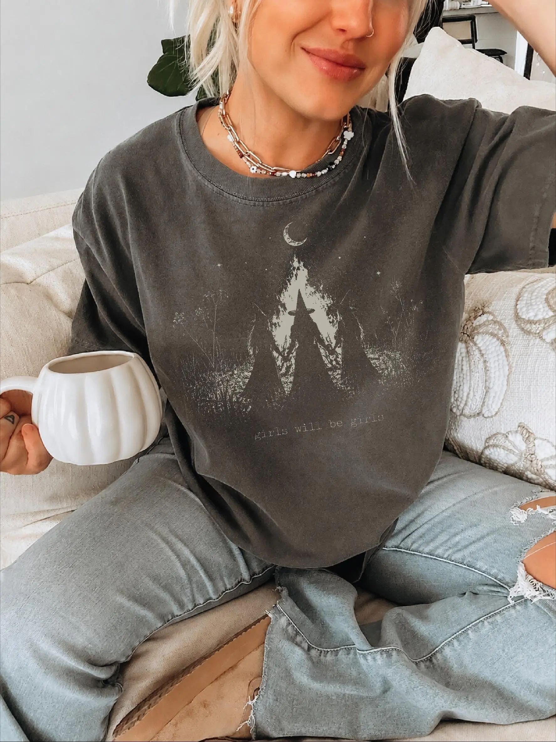 Comfort Colors Girls Will Be Girls Witch Sweatshirt, Vintage Feminist Halloween Spooky Season Top for Women - photo 3