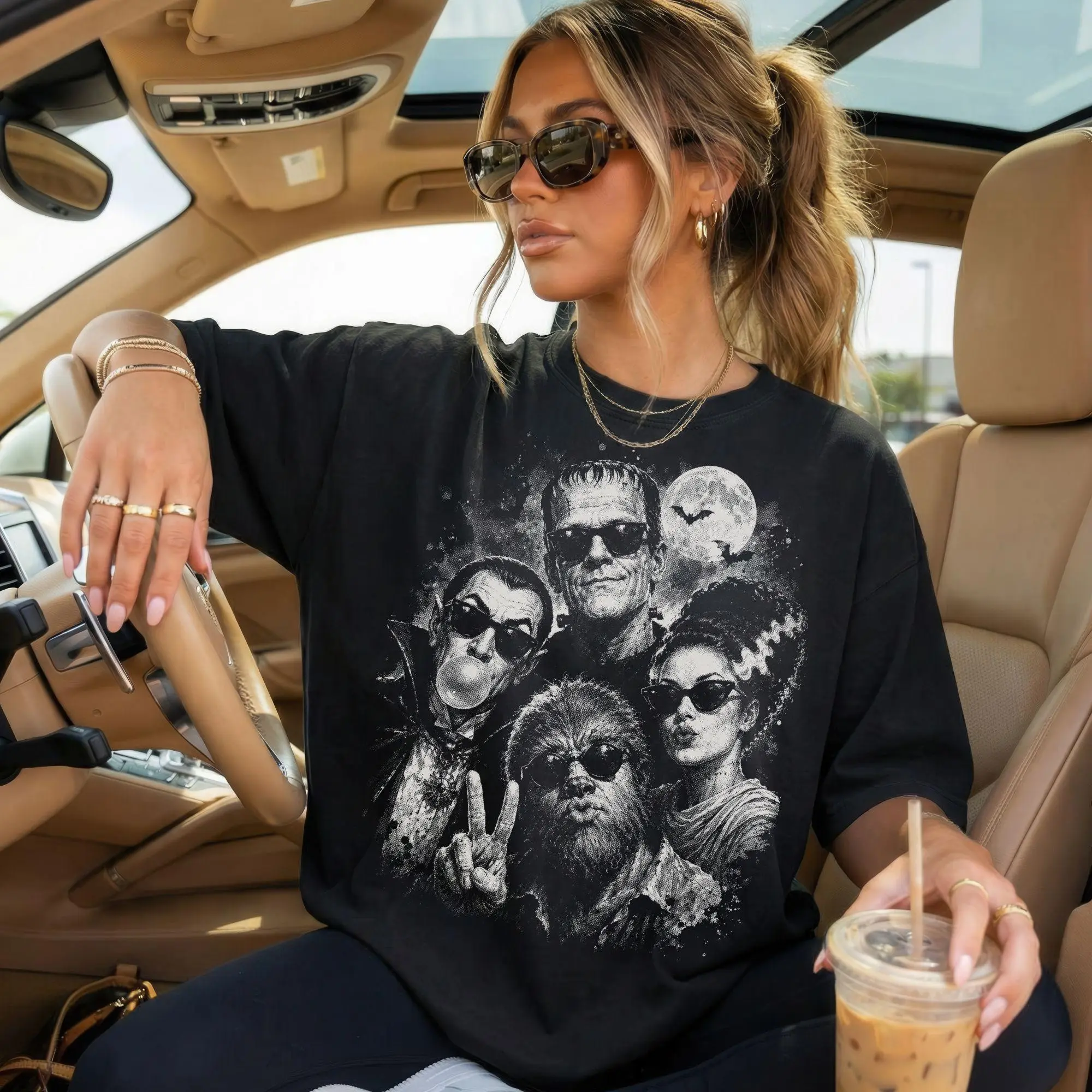 Comfort Colors Retro Halloween Monster Selfie Sweatshirt, Frankenstein Werewolf Dracula Bubblegum Spooky Season Crewneck - photo 2