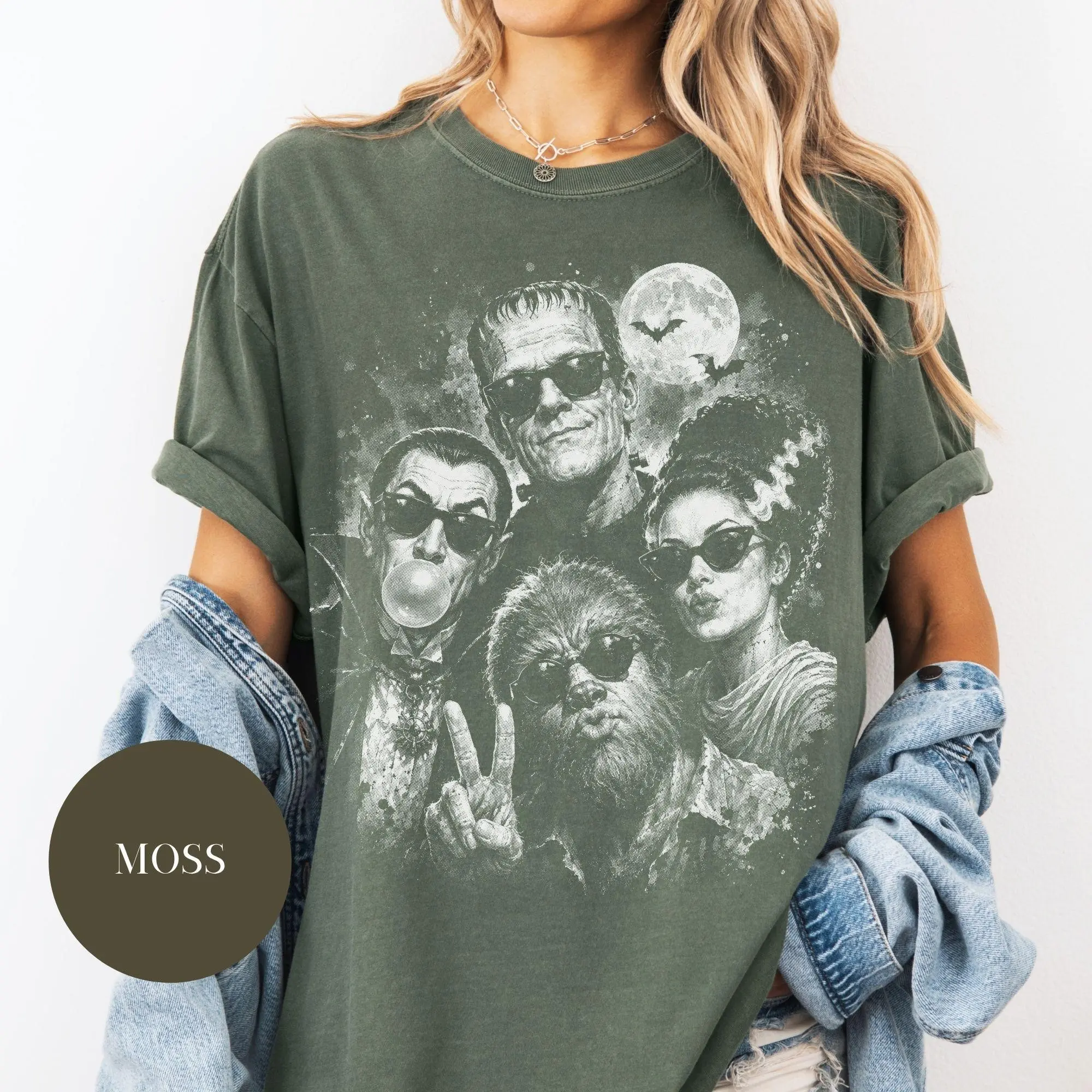 Comfort Colors Retro Halloween Monster Selfie Sweatshirt, Frankenstein Werewolf Dracula Bubblegum Spooky Season Crewneck - photo 4