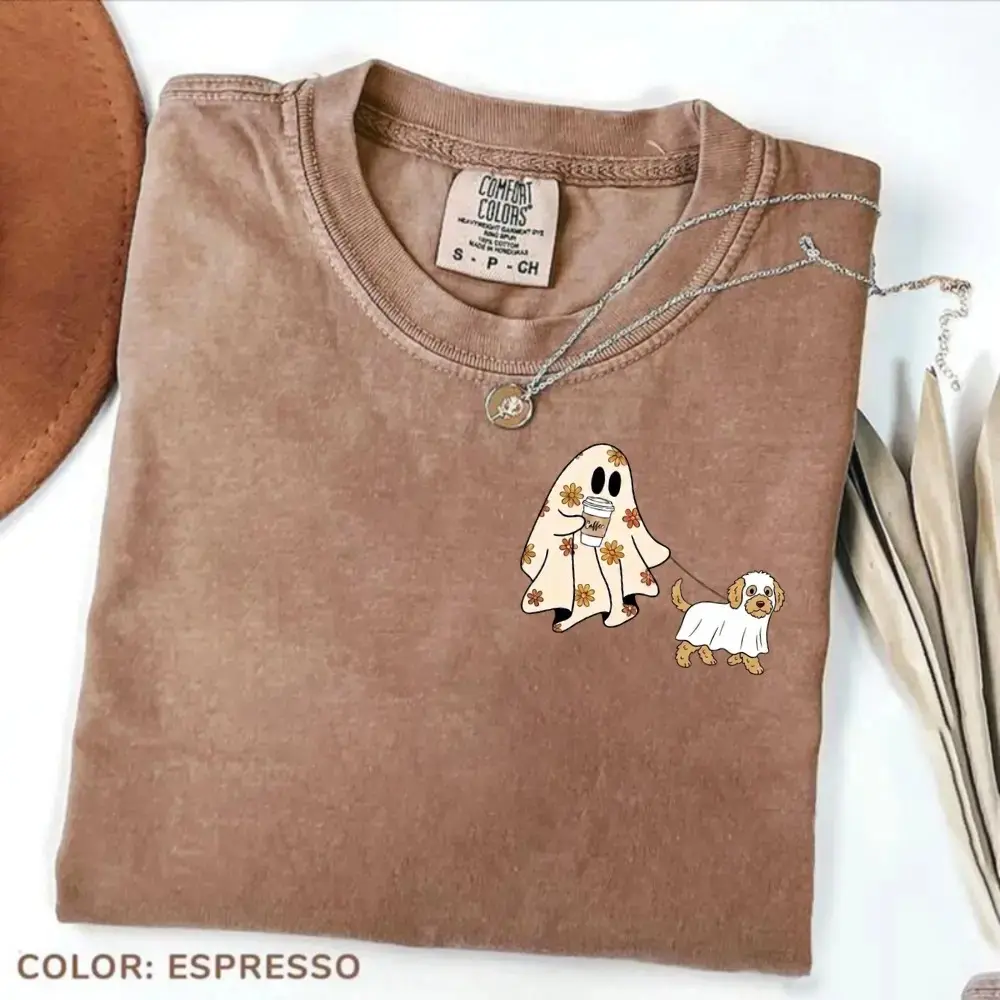 Comfort Colors Espresso Cute Ghost Shirt, 50+ Dog Breed Mom Halloween Tee, Spooky Season Funny Pet Lover Gift - photo 2