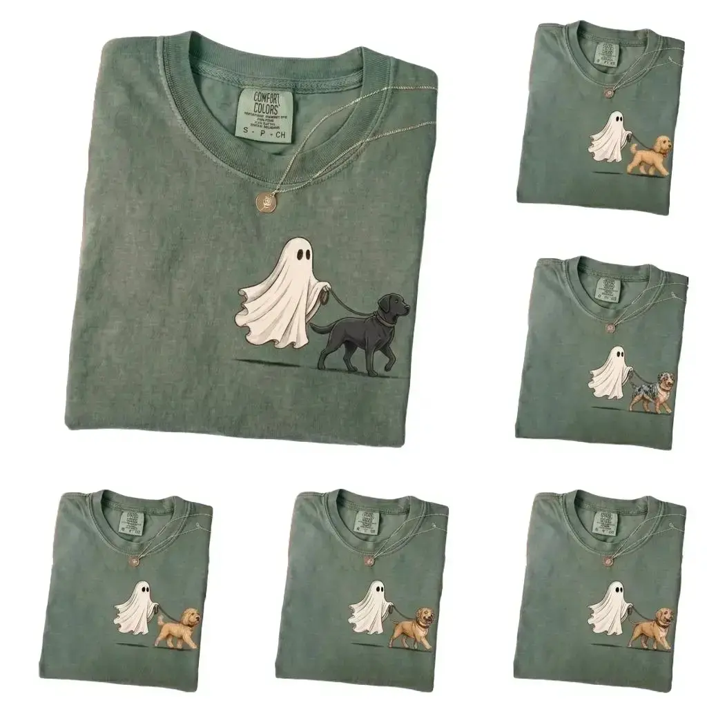 Comfort Colors Moss 50+ Breeds Ghost Walking Dog Halloween Shirt, Cute Pocket Print Tee for Pet Moms