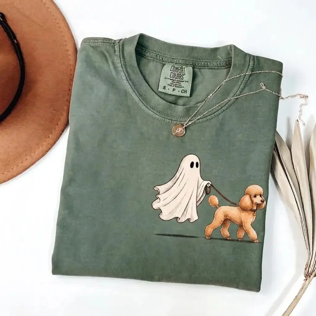 Comfort Colors Moss 50+ Breeds Ghost Walking Dog Halloween Shirt, Cute Pocket Print Tee for Pet Moms - photo 4