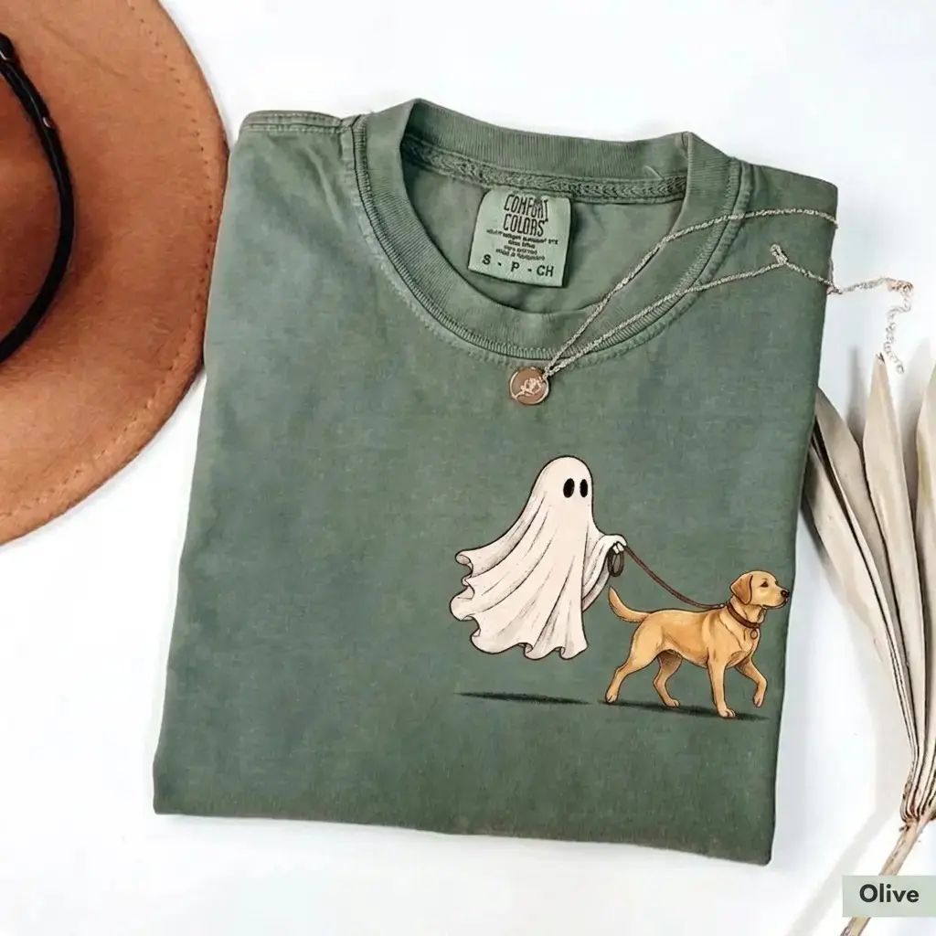 Comfort Colors Moss 50+ Breeds Ghost Walking Dog Halloween Shirt, Cute Pocket Print Tee for Pet Moms - photo 5