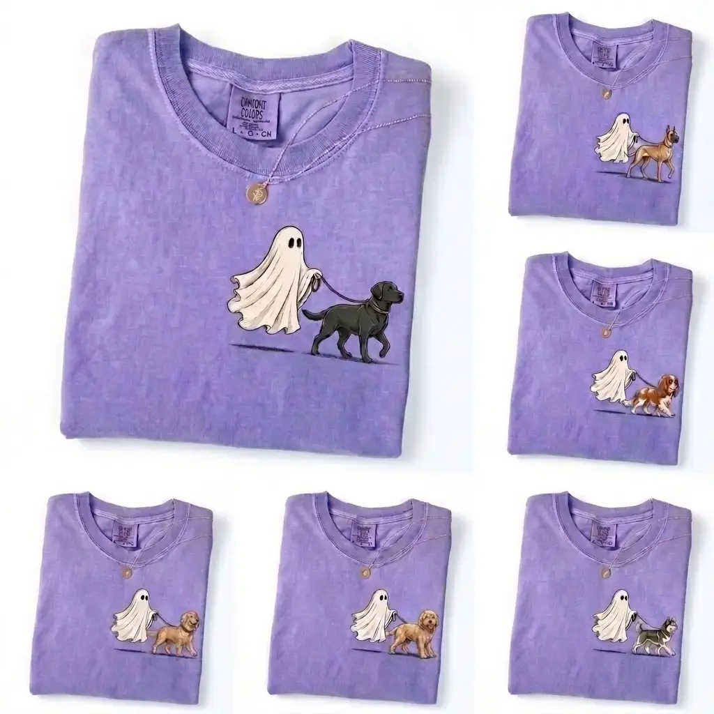 Comfort Colors Violet 50+ Breeds Ghost Walking Dog Halloween Shirt, Cute Pocket Print Tee for Pet Moms