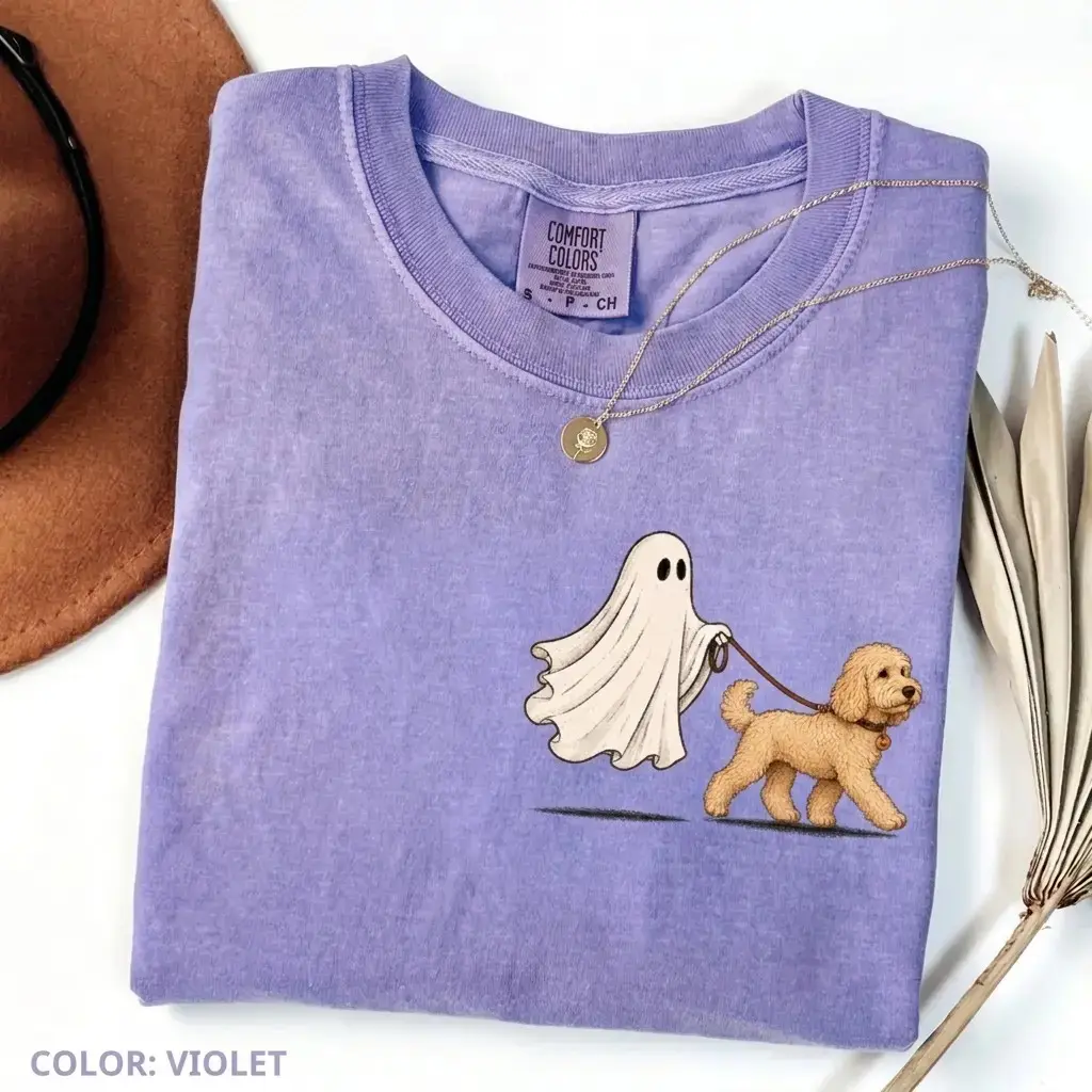 Comfort Colors Violet 50+ Breeds Ghost Walking Dog Halloween Shirt, Cute Pocket Print Tee for Pet Moms - photo 2