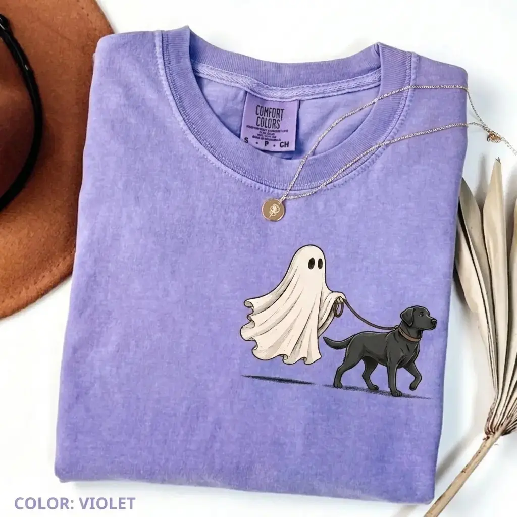 Comfort Colors Violet 50+ Breeds Ghost Walking Dog Halloween Shirt, Cute Pocket Print Tee for Pet Moms - photo 3