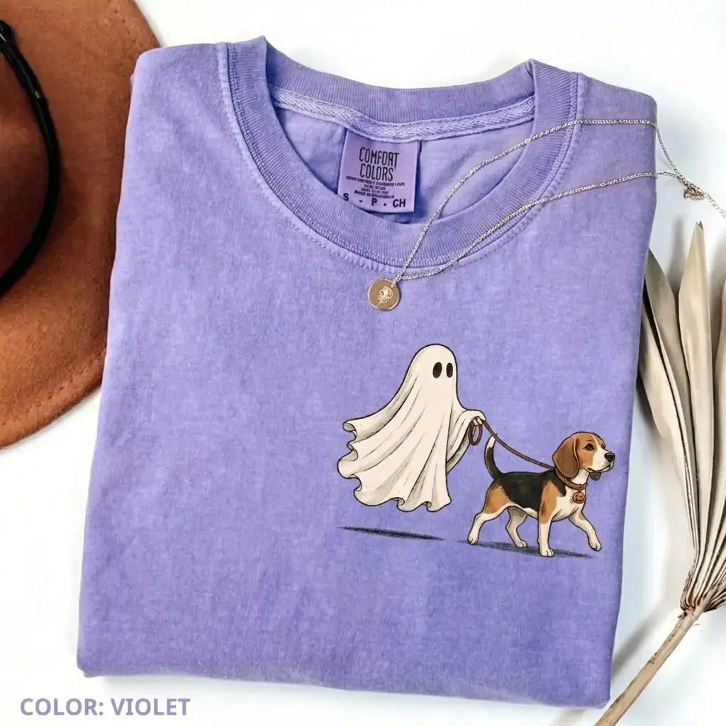Comfort Colors Violet 50+ Breeds Ghost Walking Dog Halloween Shirt, Cute Pocket Print Tee for Pet Moms - photo 4