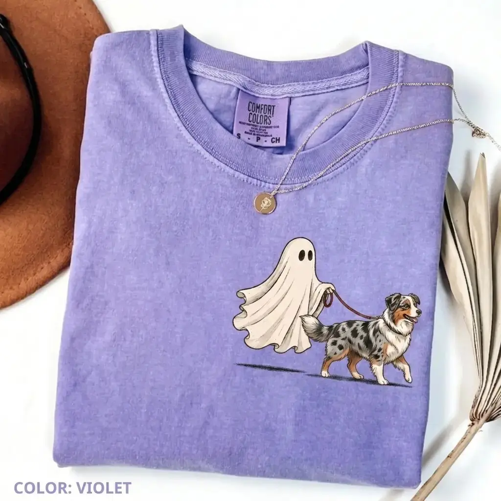 Comfort Colors Violet 50+ Breeds Ghost Walking Dog Halloween Shirt, Cute Pocket Print Tee for Pet Moms - photo 5