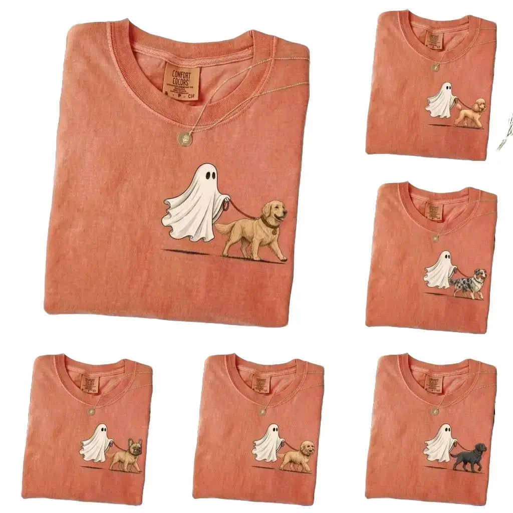Comfort Colors Yam Cute Ghost Walking Halloween Shirt, Custom Dog Breed Pocket Print Tee for Pet Moms