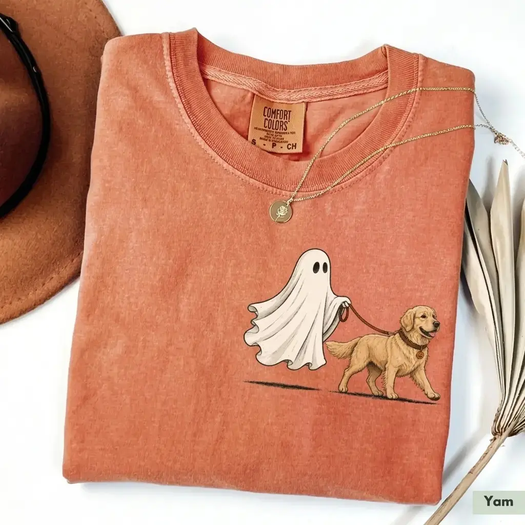 Comfort Colors Yam Cute Ghost Walking Halloween Shirt, Custom Dog Breed Pocket Print Tee for Pet Moms - photo 2
