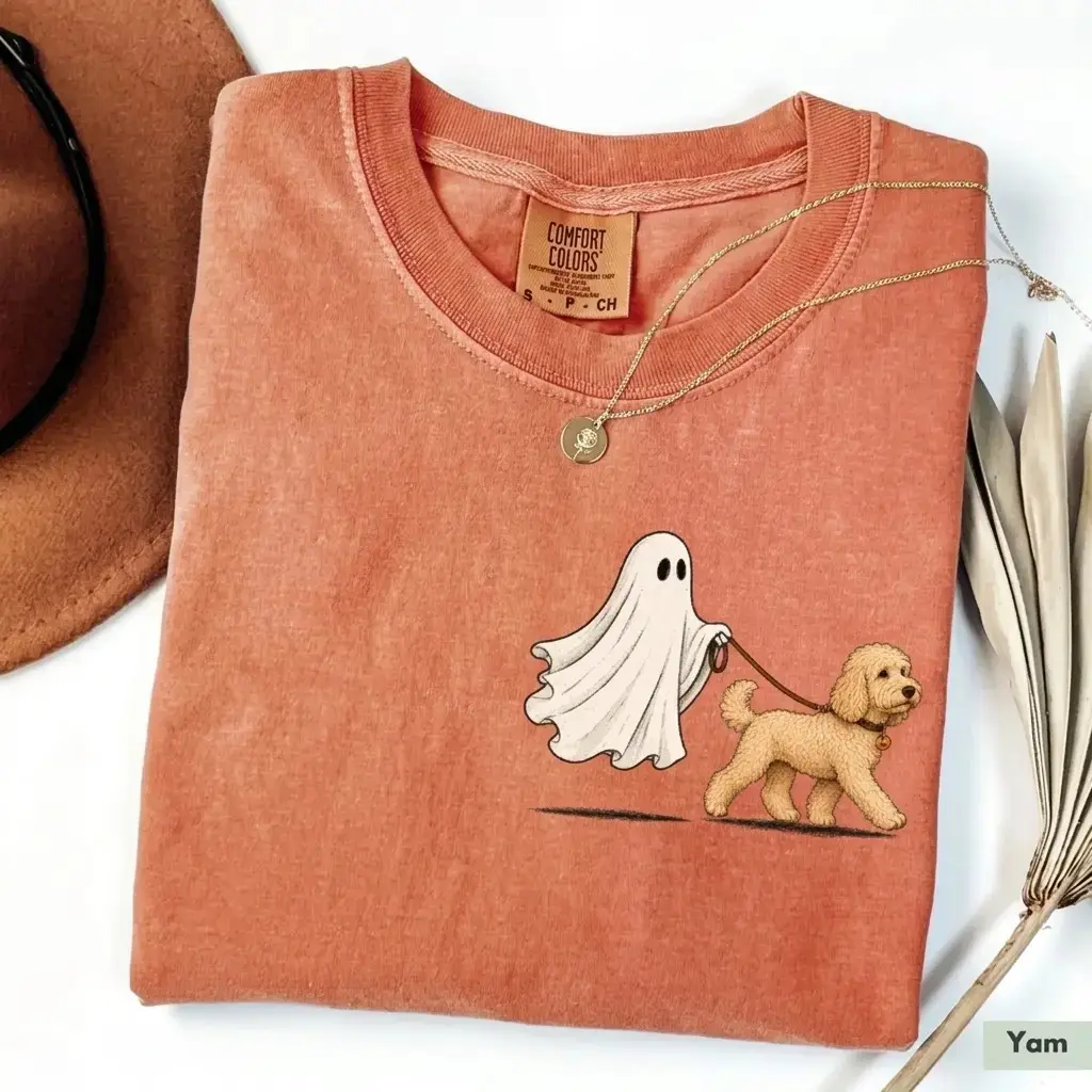 Comfort Colors Yam Cute Ghost Walking Halloween Shirt, Custom Dog Breed Pocket Print Tee for Pet Moms - photo 3