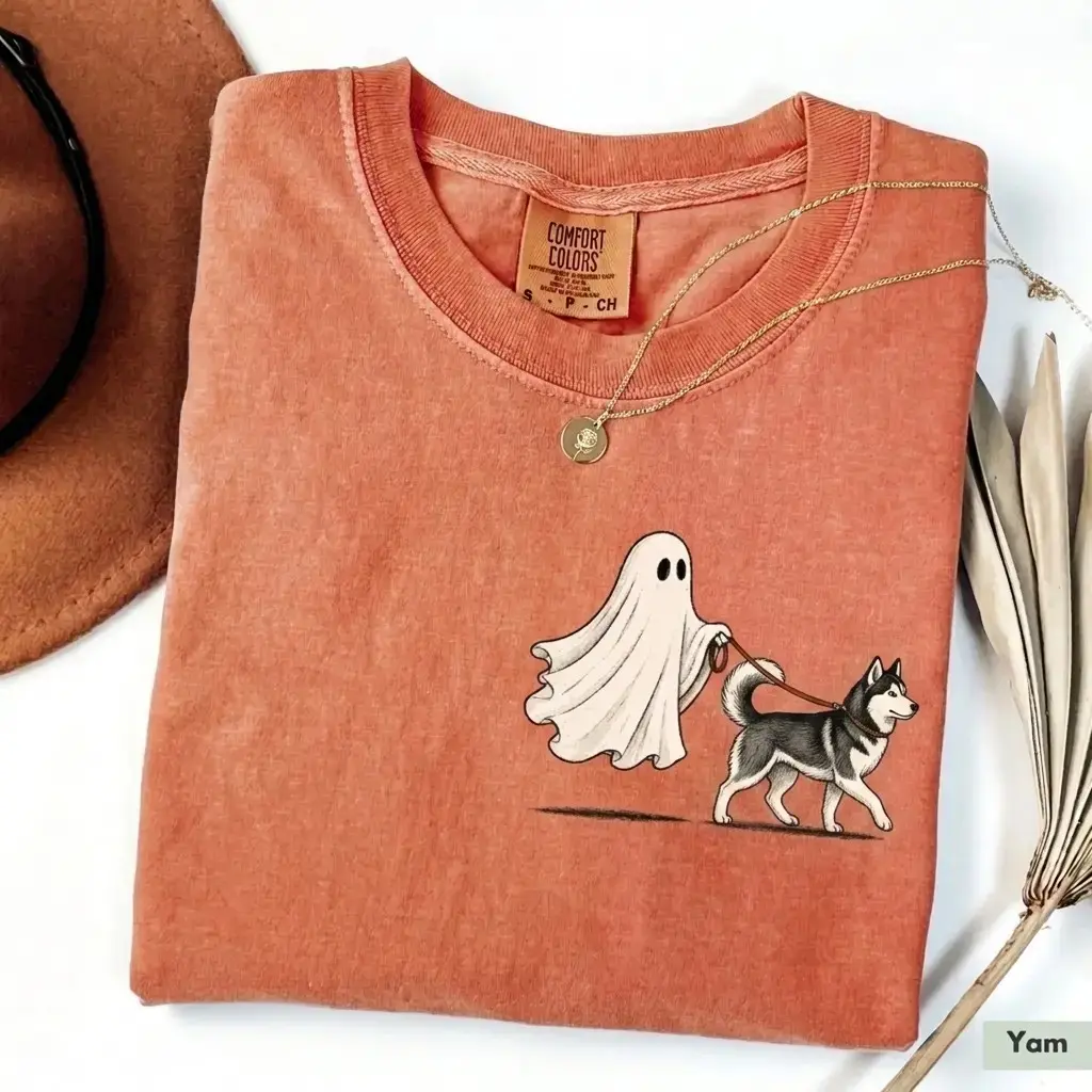 Comfort Colors Yam Cute Ghost Walking Halloween Shirt, Custom Dog Breed Pocket Print Tee for Pet Moms - photo 4
