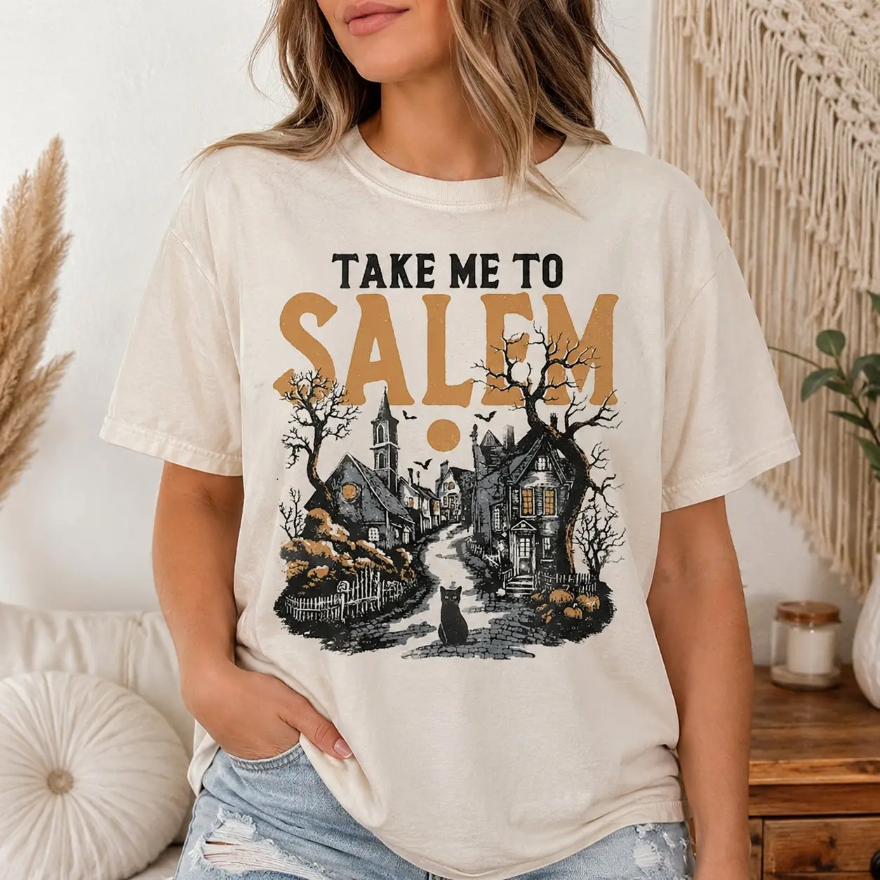 Comfort Colors Take Me to Salem Town Black Cat Shirt, Vintage Halloween Vacation Tee, Spooky Gothic Fall Sister Gift